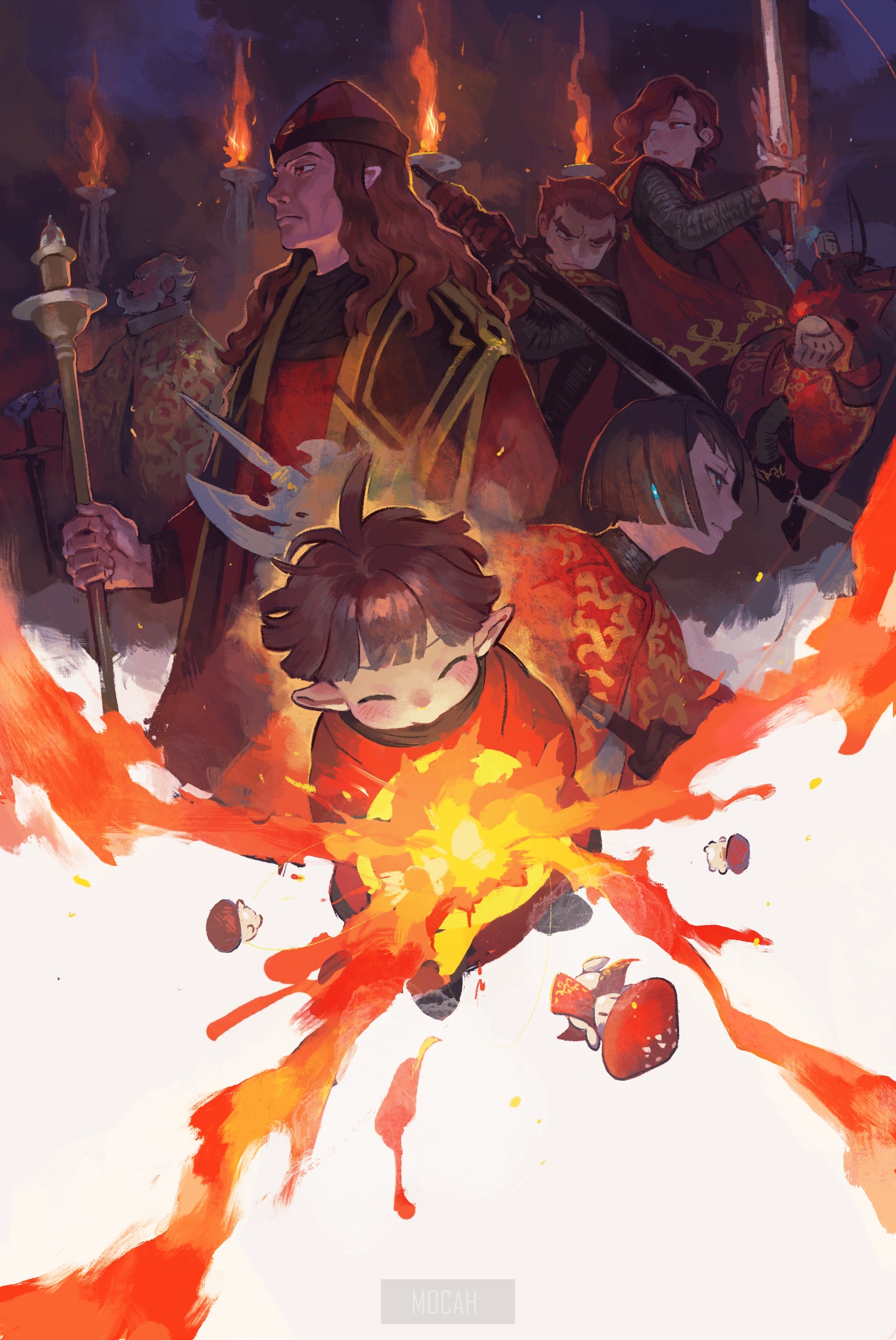Fantasy art of a group with torches and a child with fire HD Phone Wallpaper