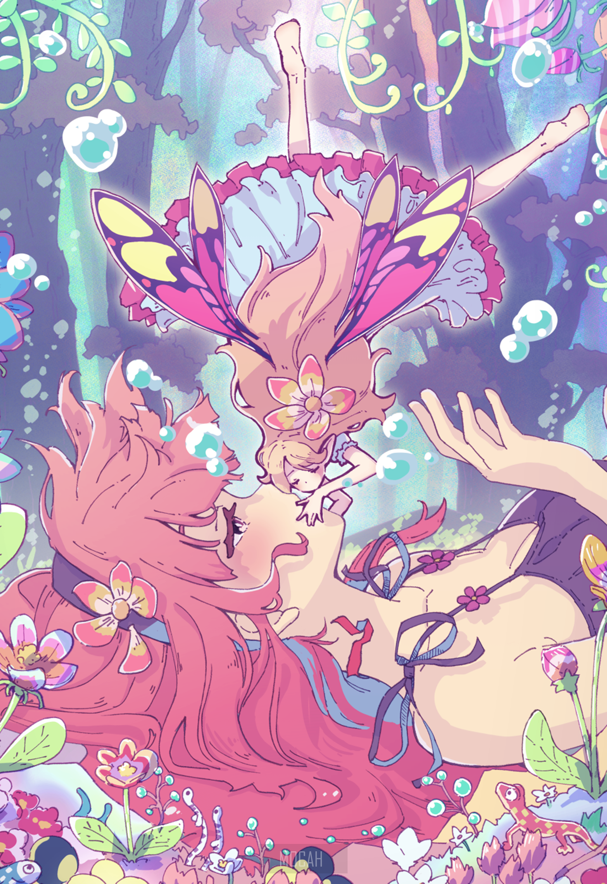 Two anime girls with butterfly wings in a forest HD Phone Wallpaper