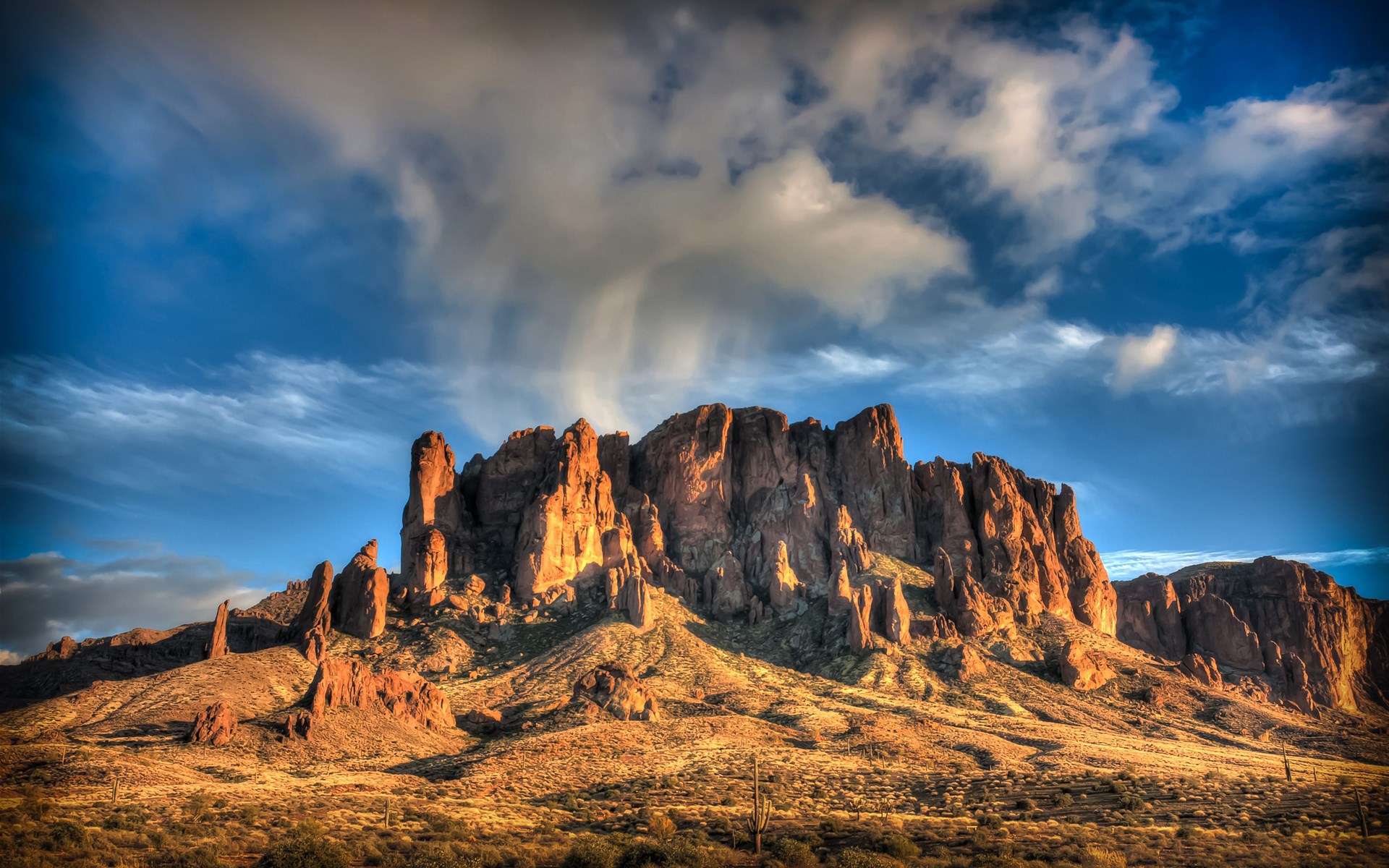 Superstition Mountains at sunset with rain shower HD Wallpaper