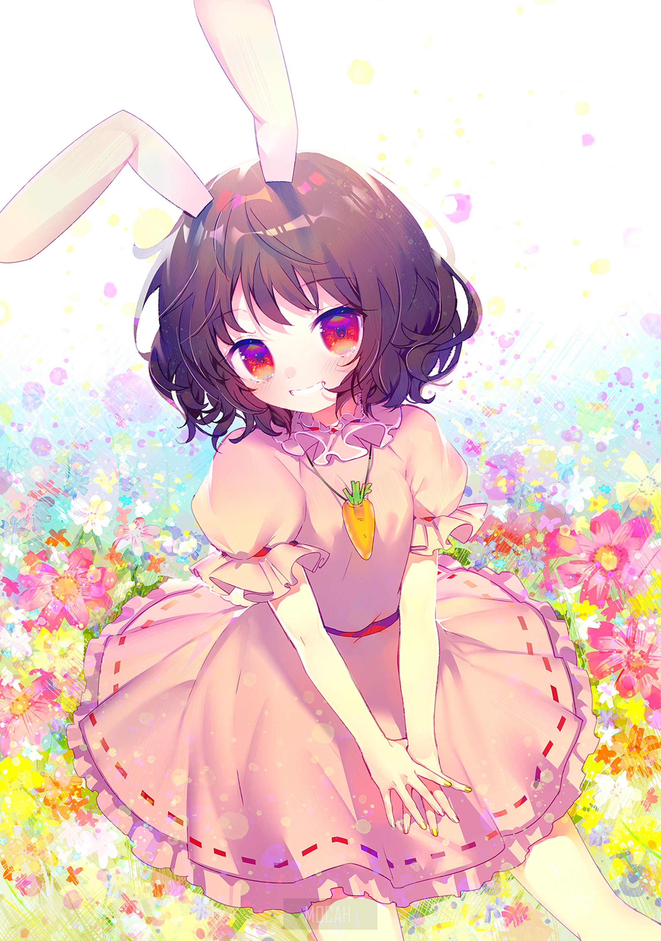 Inaba Tewi from Touhou in a pink dress with bunny ears HD Phone Wallpaper