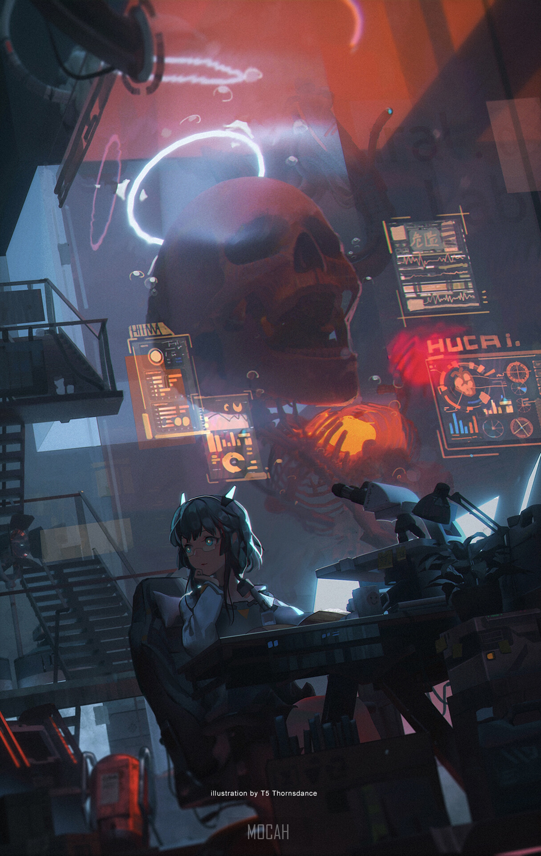 Anime girl in futuristic lab with skull hologram HD Phone Wallpaper