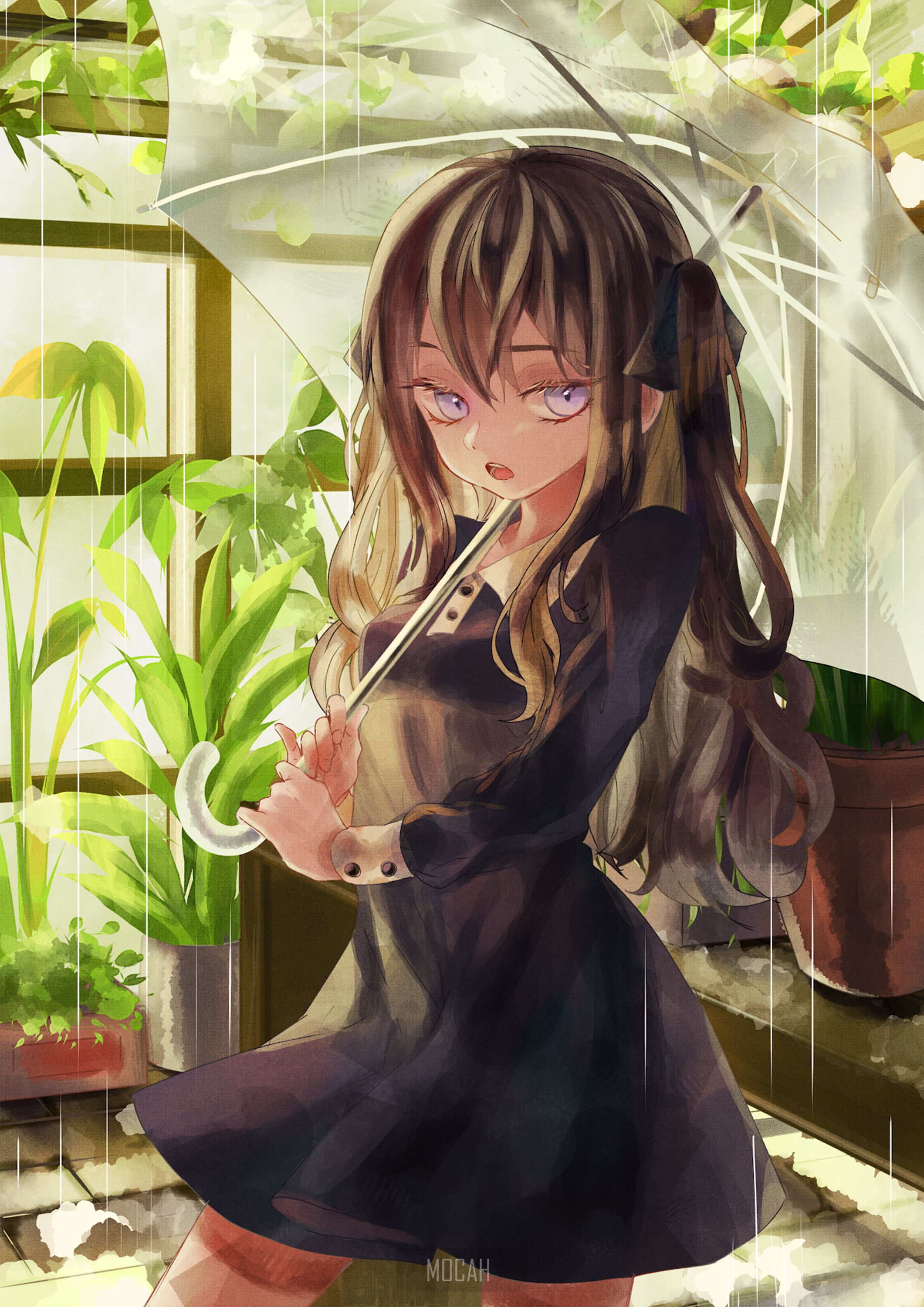 Anime girl with umbrella in the rain HD Phone Wallpaper