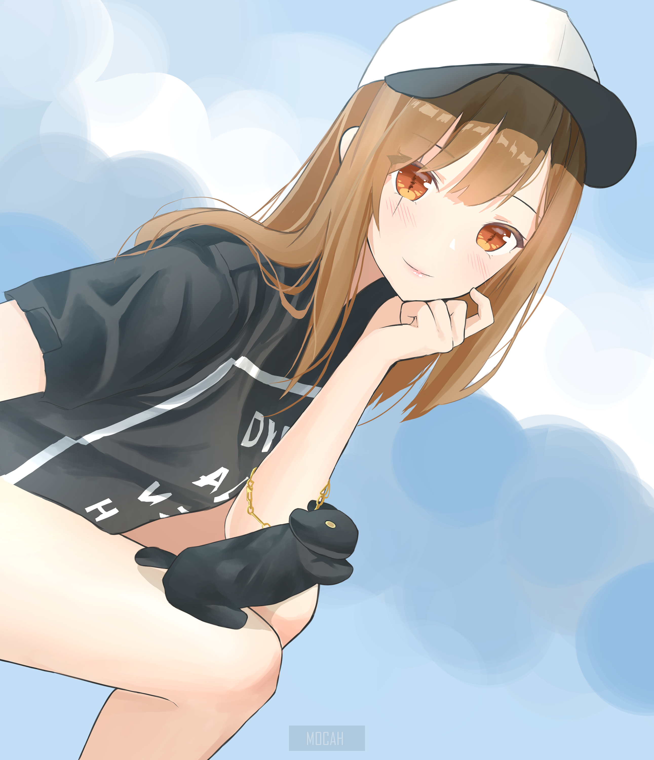 Anime girl with black cat charm wearing a cap HD Phone Wallpaper