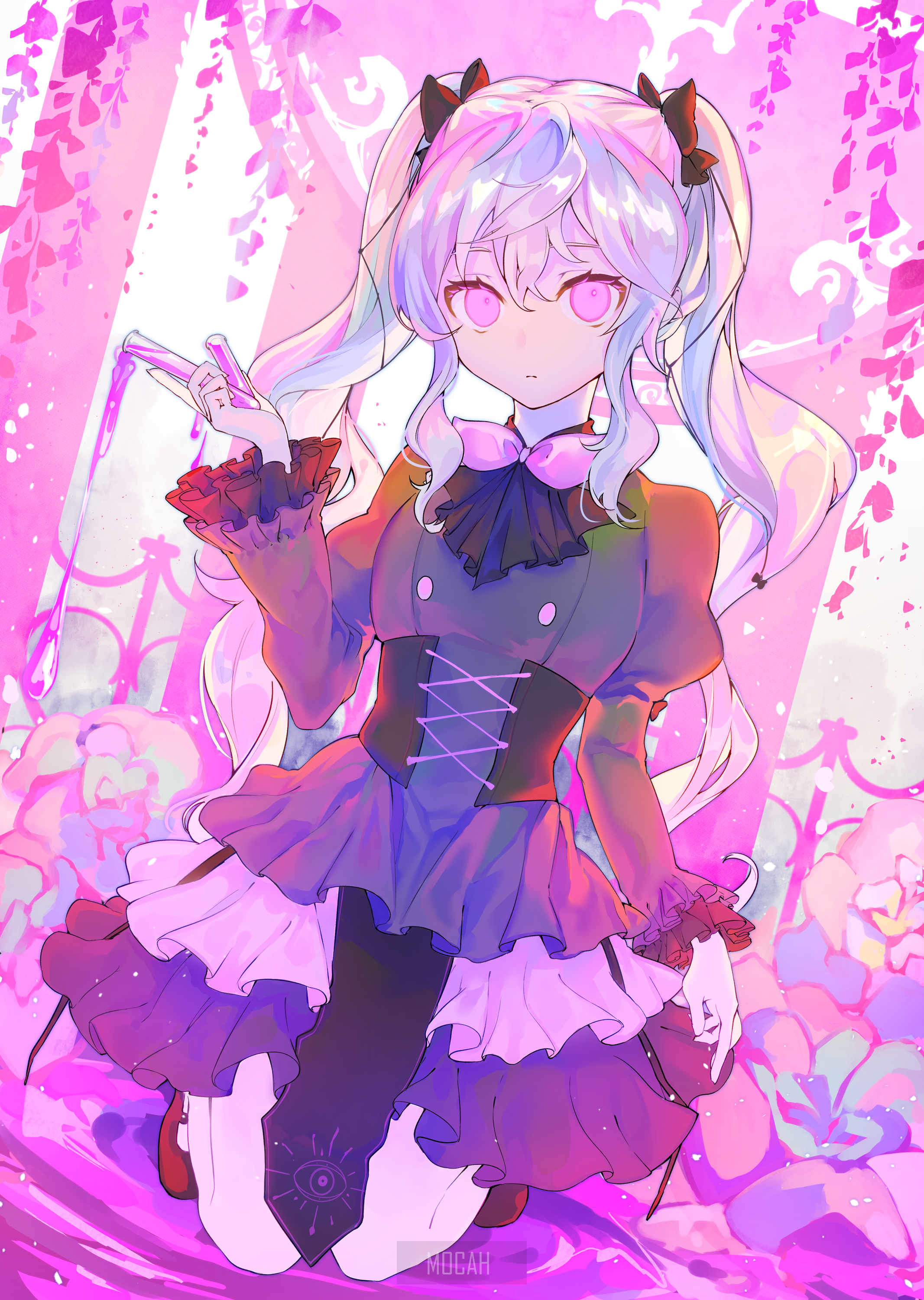 Anime girl with pink and white hair in a dark dress HD Phone Wallpaper