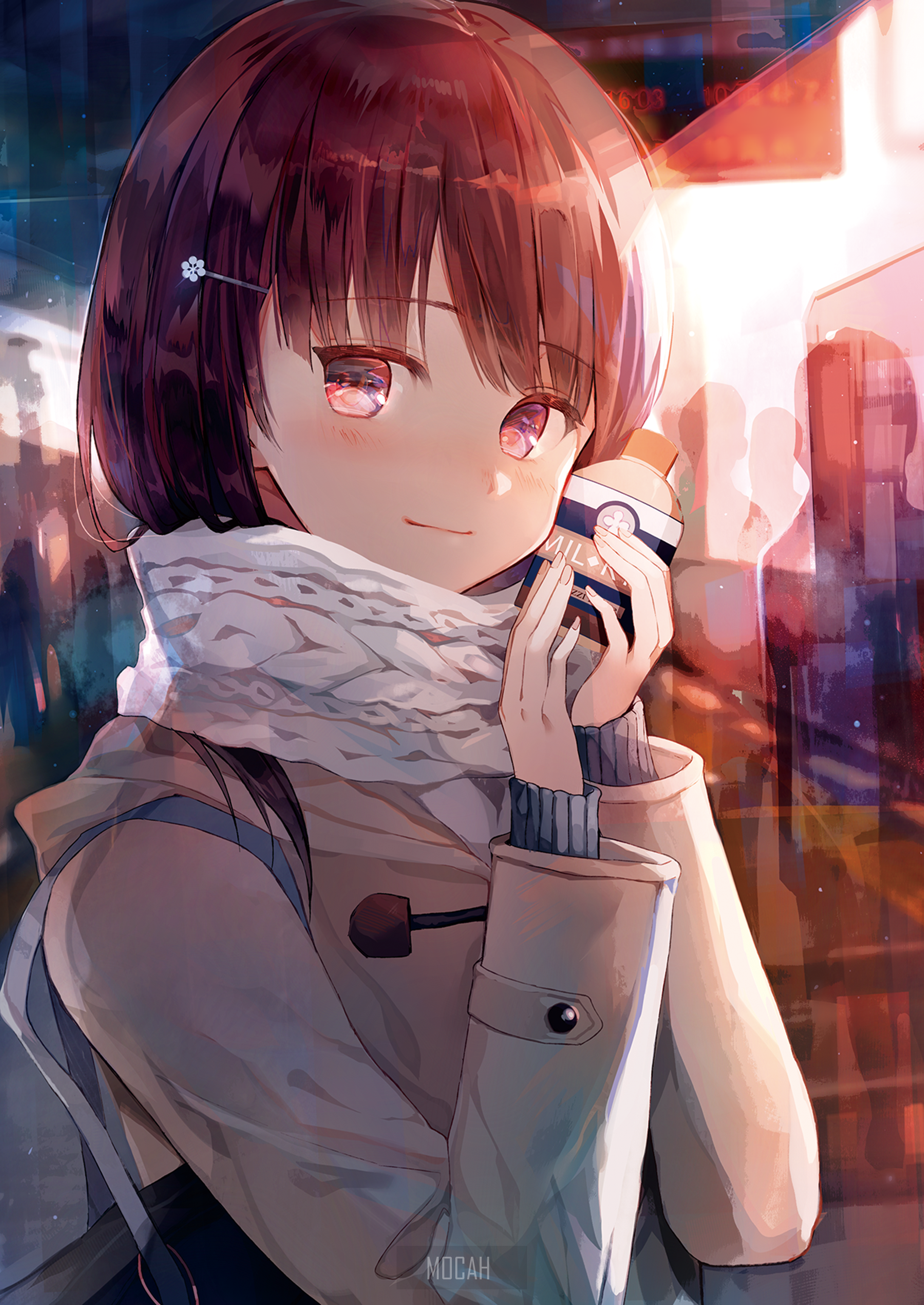 Anime girl with brown hair holding a drink HD Phone Wallpaper