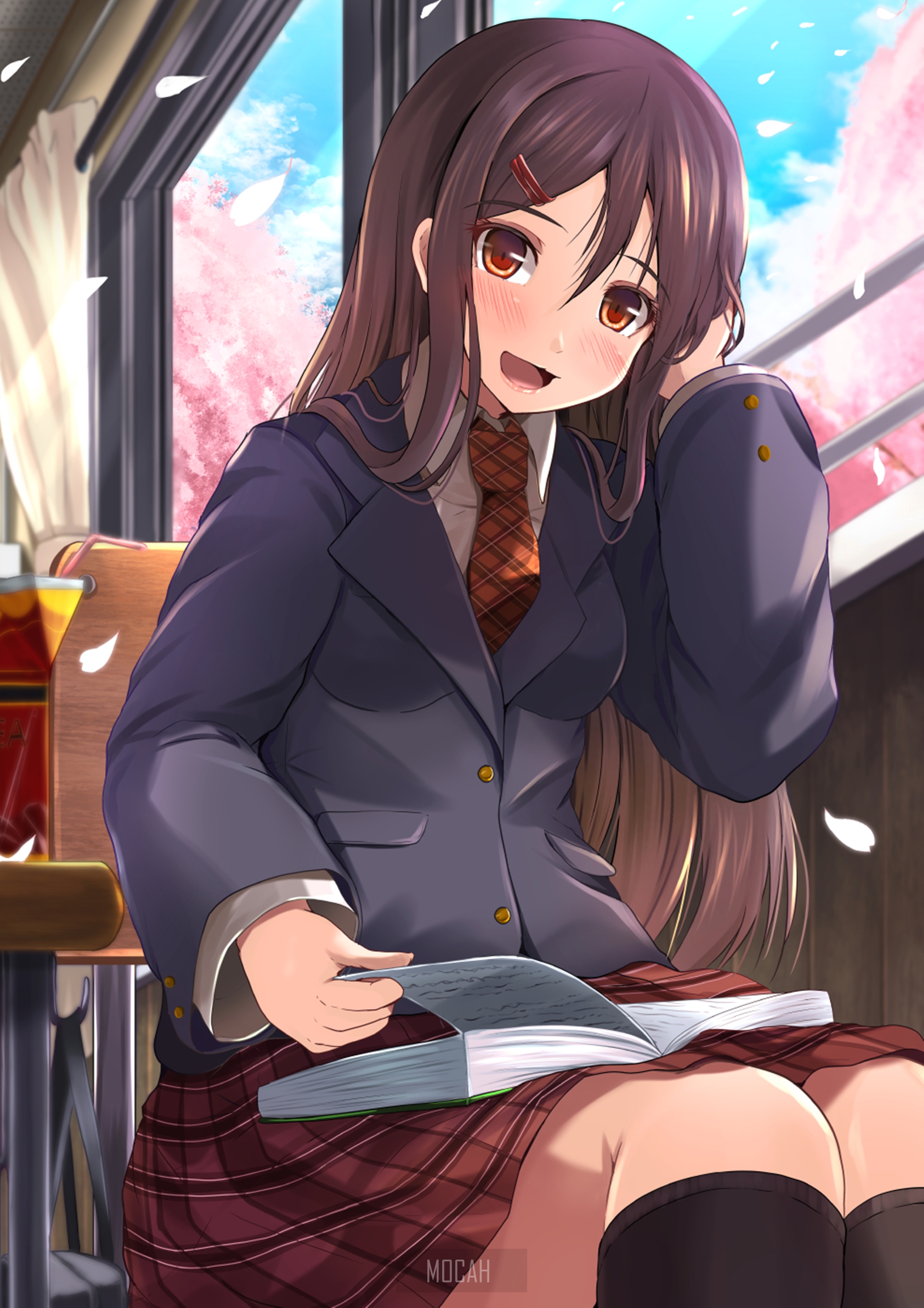 Anime girl in school uniform reading a book HD Phone Wallpaper