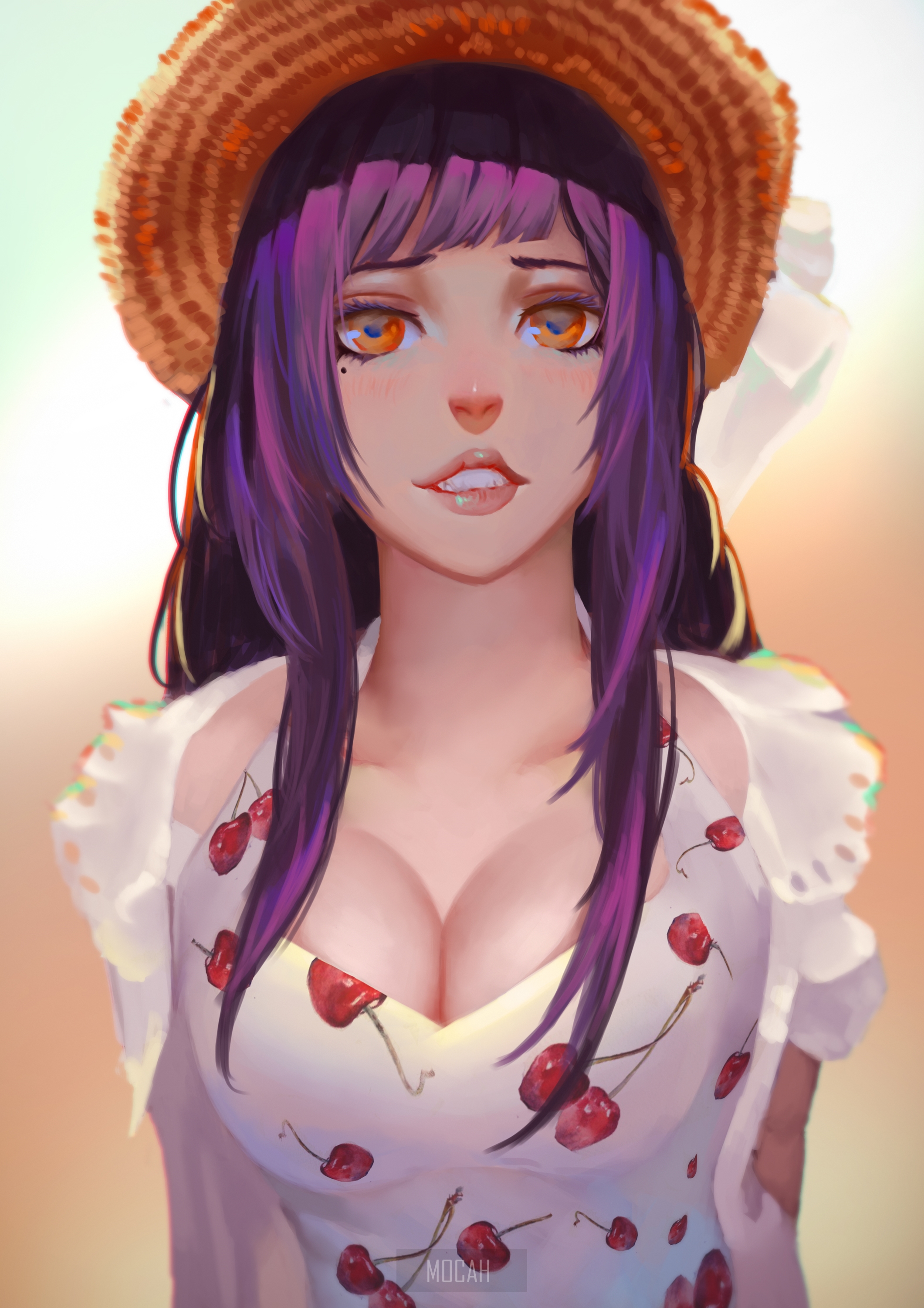 Anime girl with purple hair and cherry dress HD Phone Wallpaper