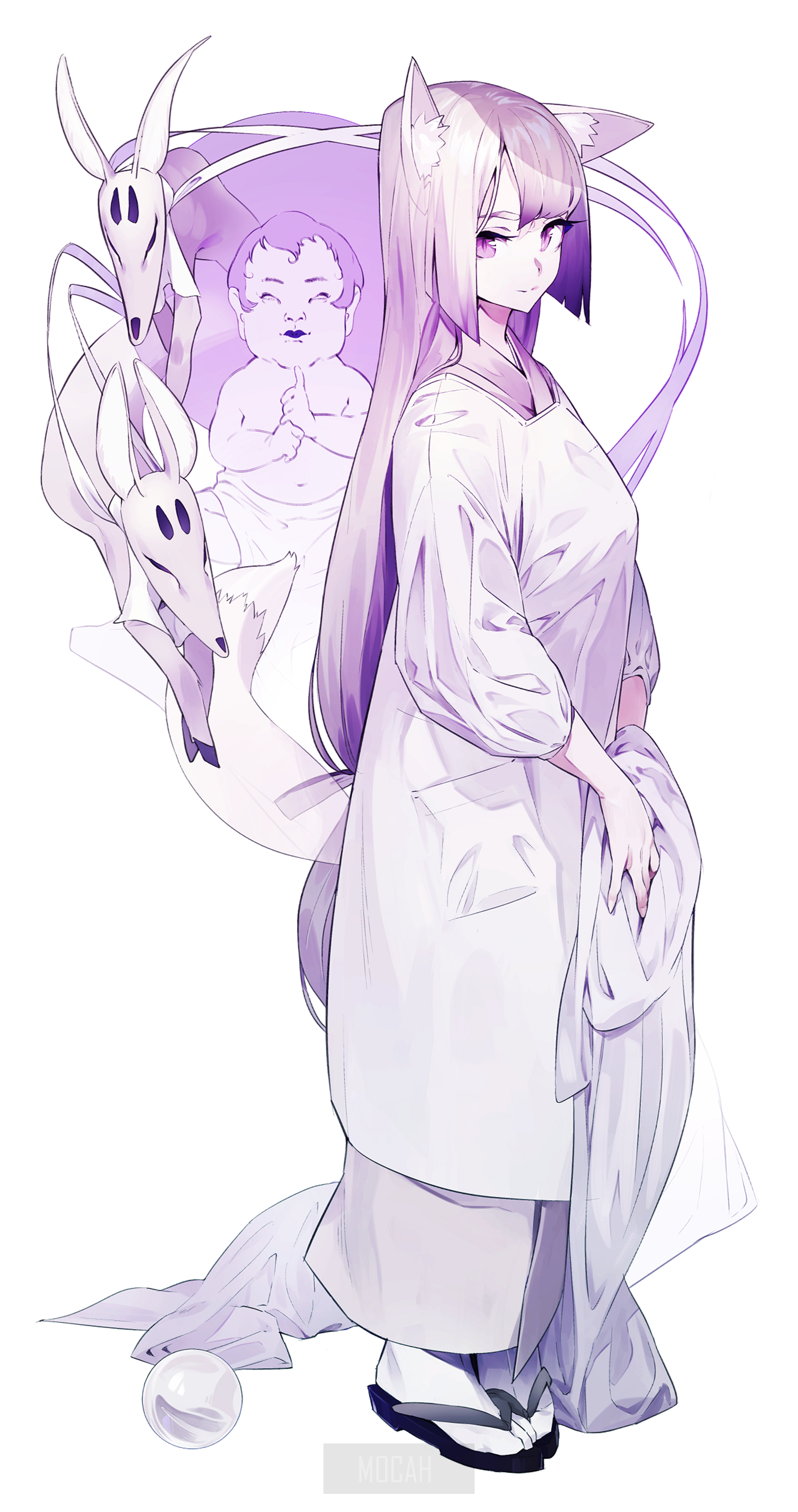 Anime girl with fox ears and spirit companions HD Phone Wallpaper