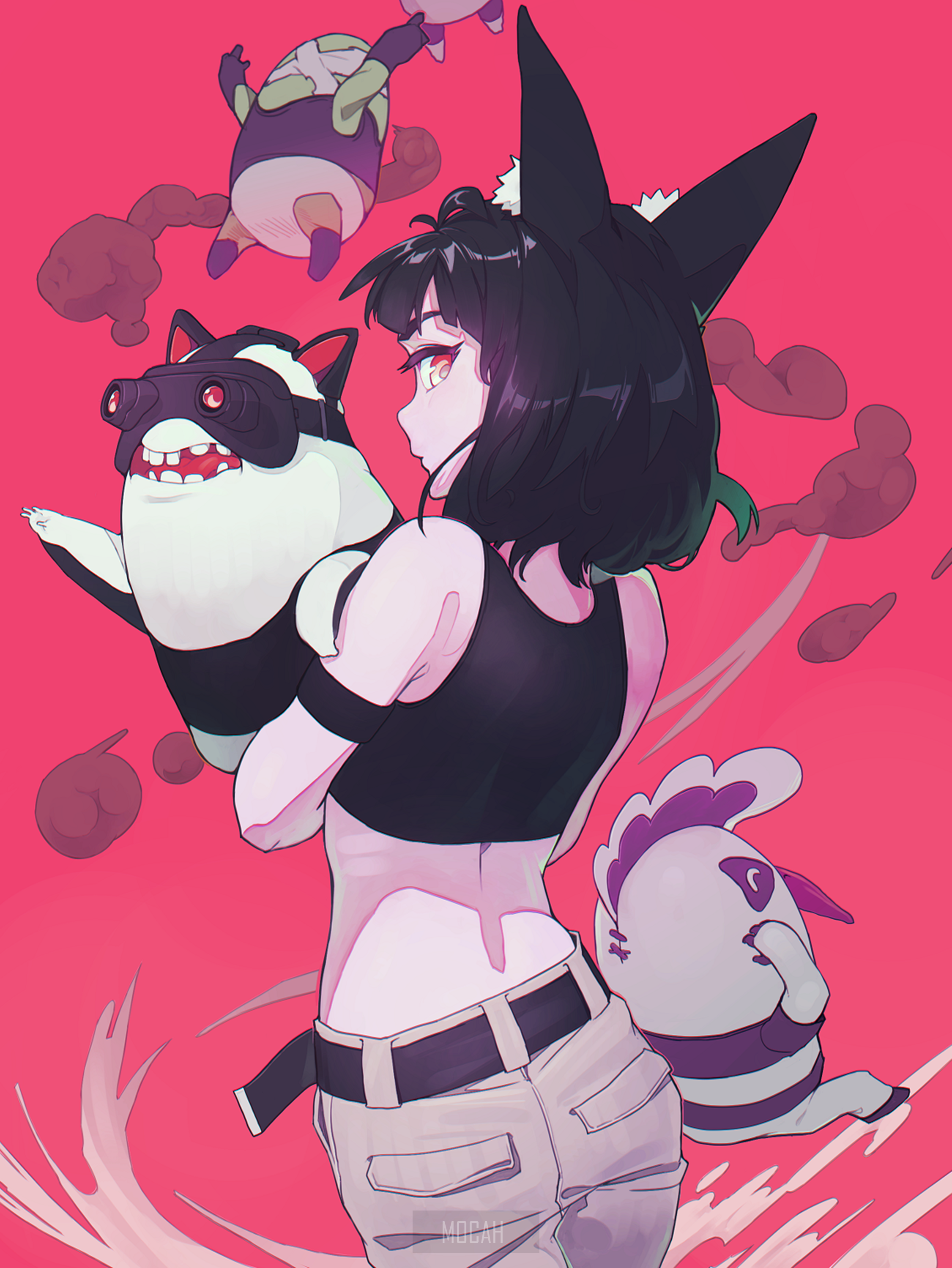 Anime girl with cat ears and creatures HD Phone Wallpaper