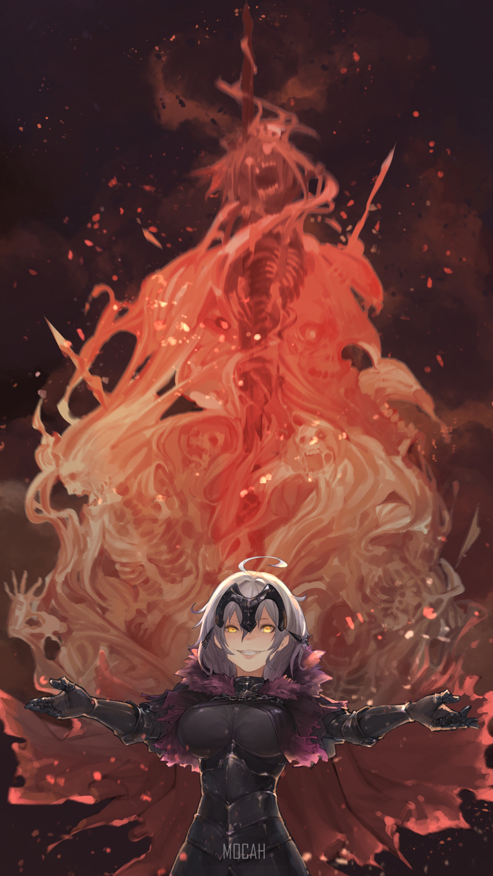 Jeanne d'Arc (Alter) from Fate/Grand Order with fiery apparition HD Phone Wallpaper