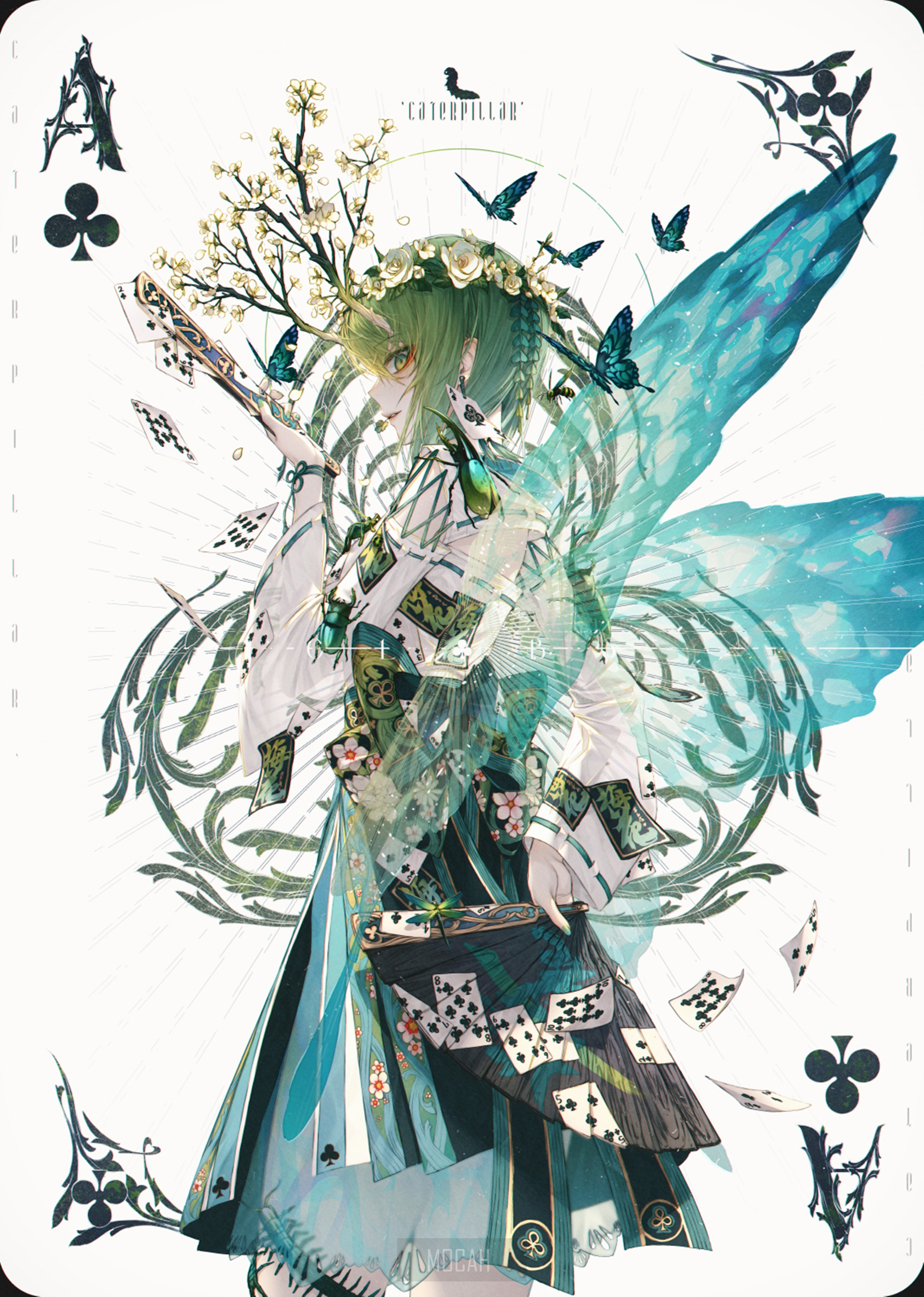 Anime girl with butterfly wings and playing cards HD Phone Wallpaper