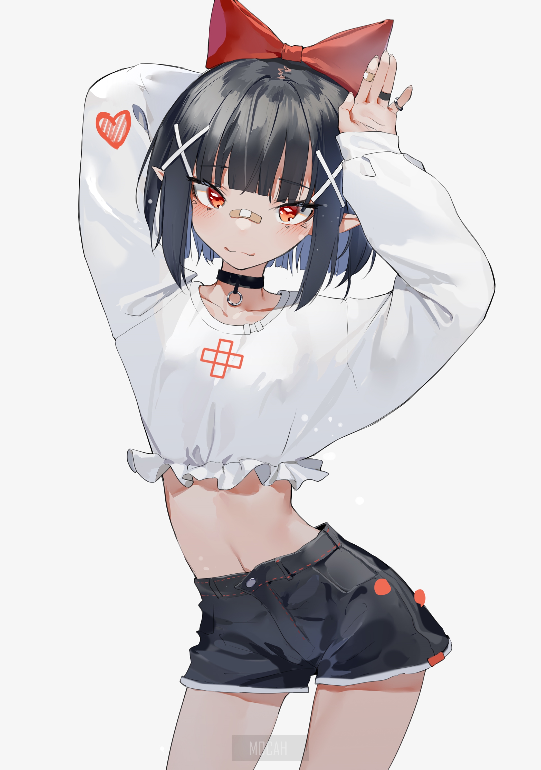Anime girl with red bow and shorts HD Phone Wallpaper