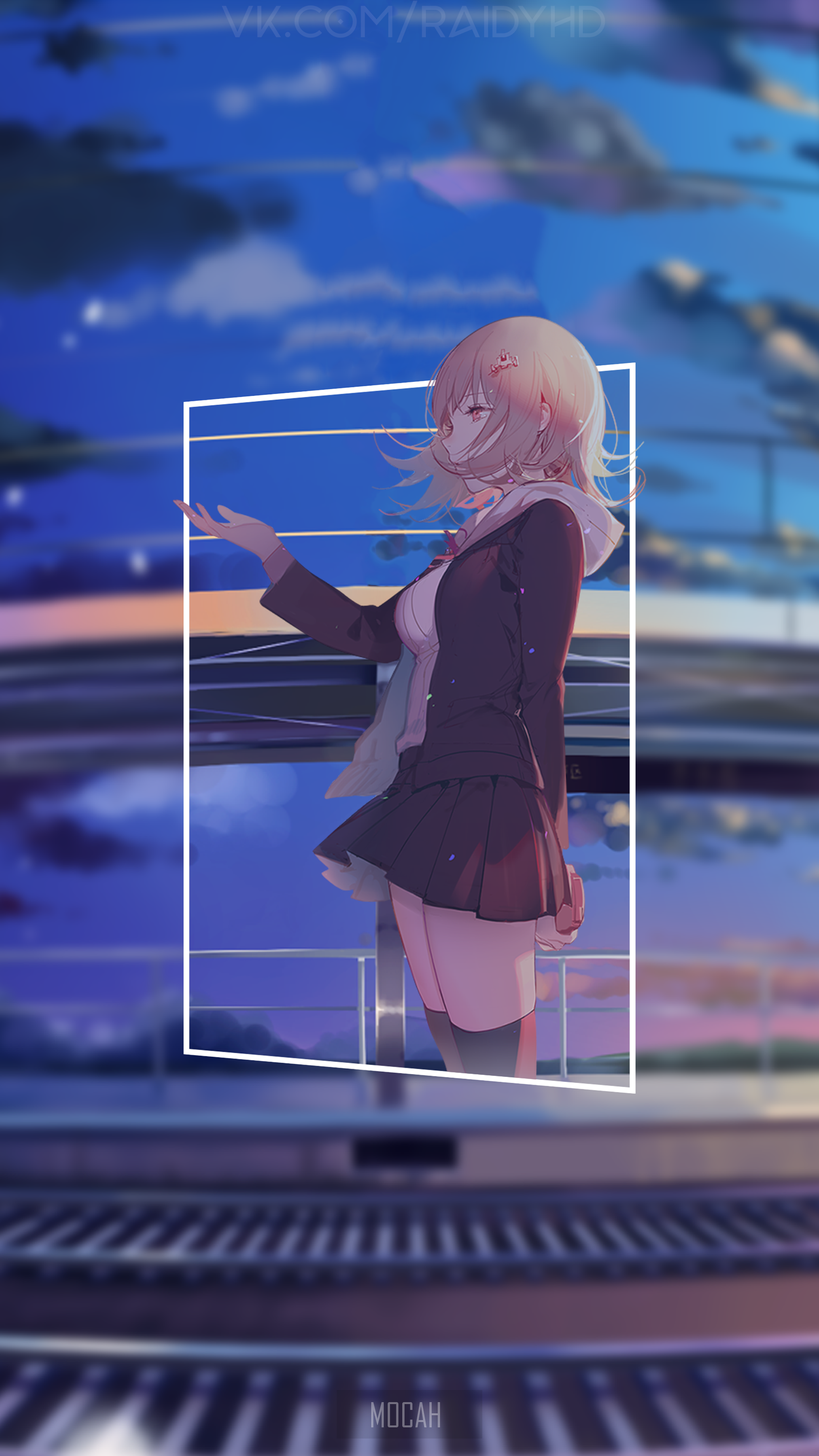 Anime girl in a school uniform on a balcony at sunset HD Phone Wallpaper