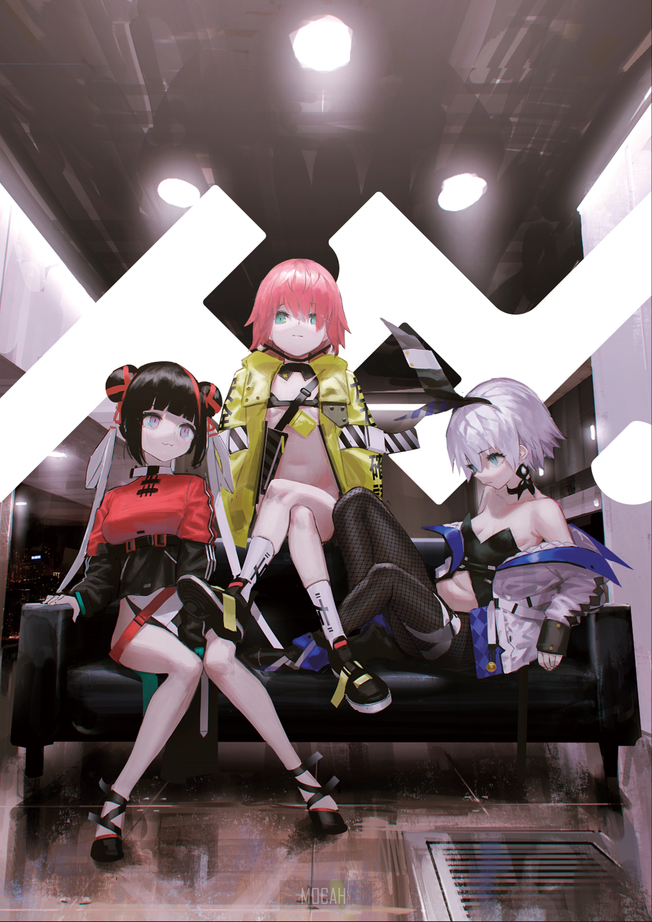 Three anime girls sitting on a couch HD Phone Wallpaper
