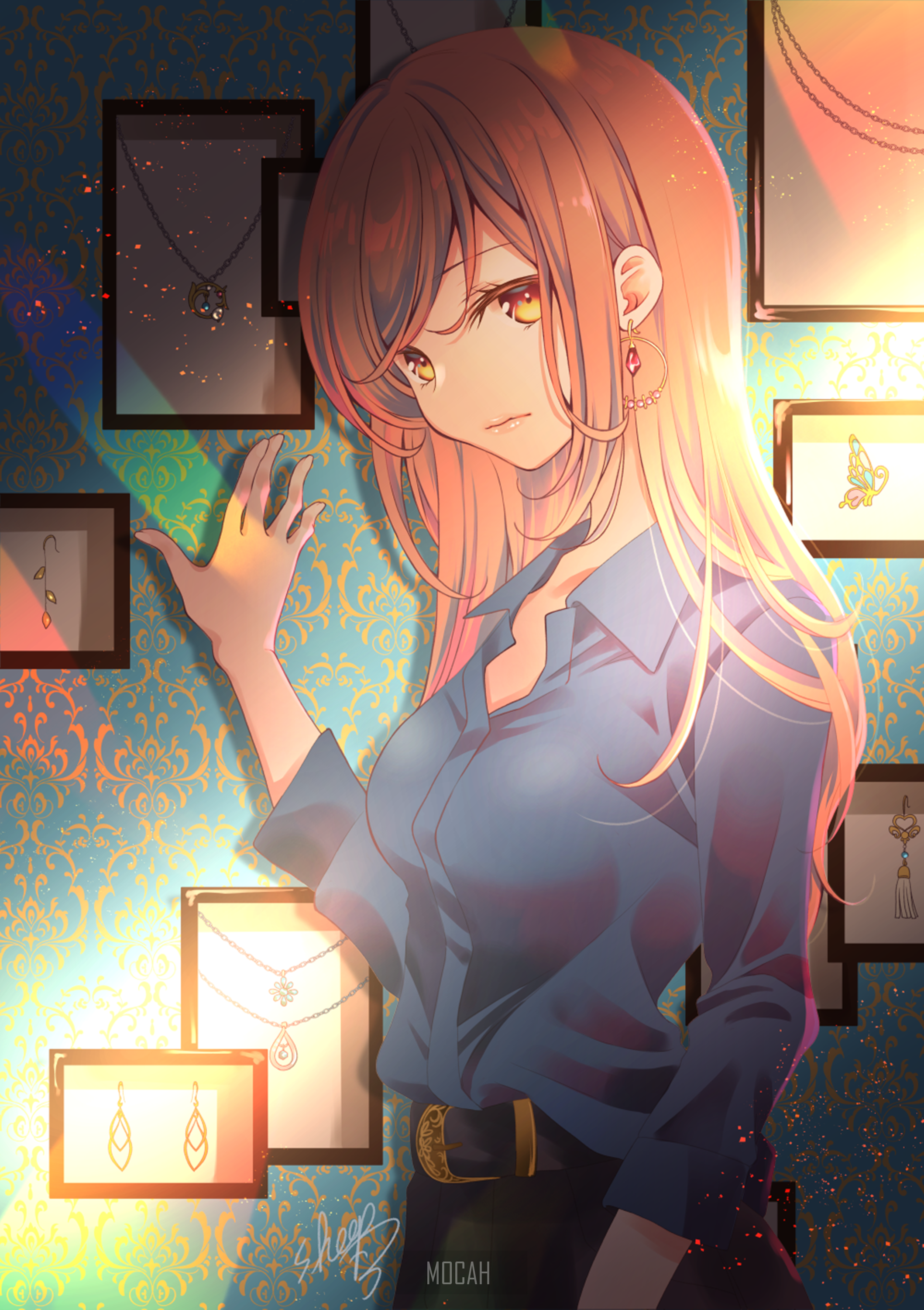 Anime girl in a blue shirt looking at jewelry HD Phone Wallpaper