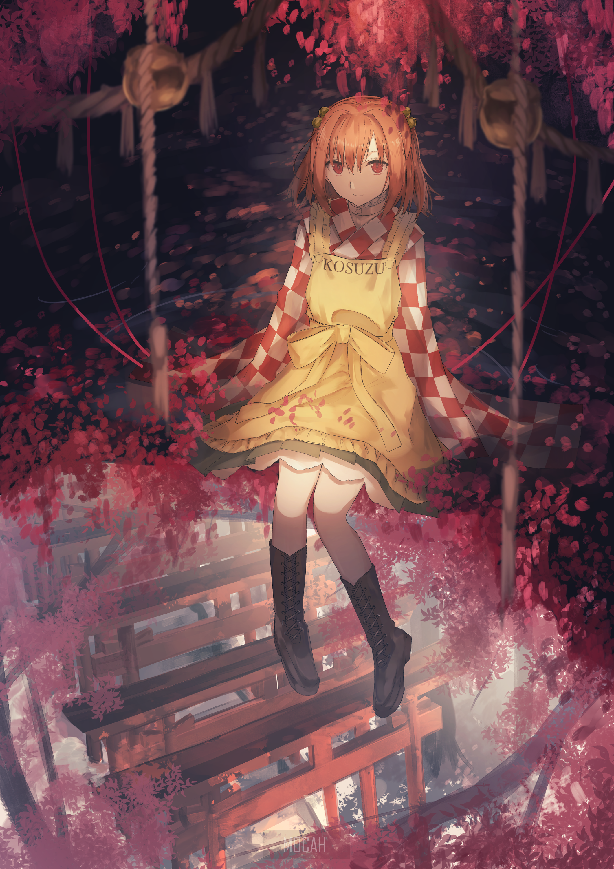 Kosuzu Motoori from Touhou sitting among red leaves HD Phone Wallpaper