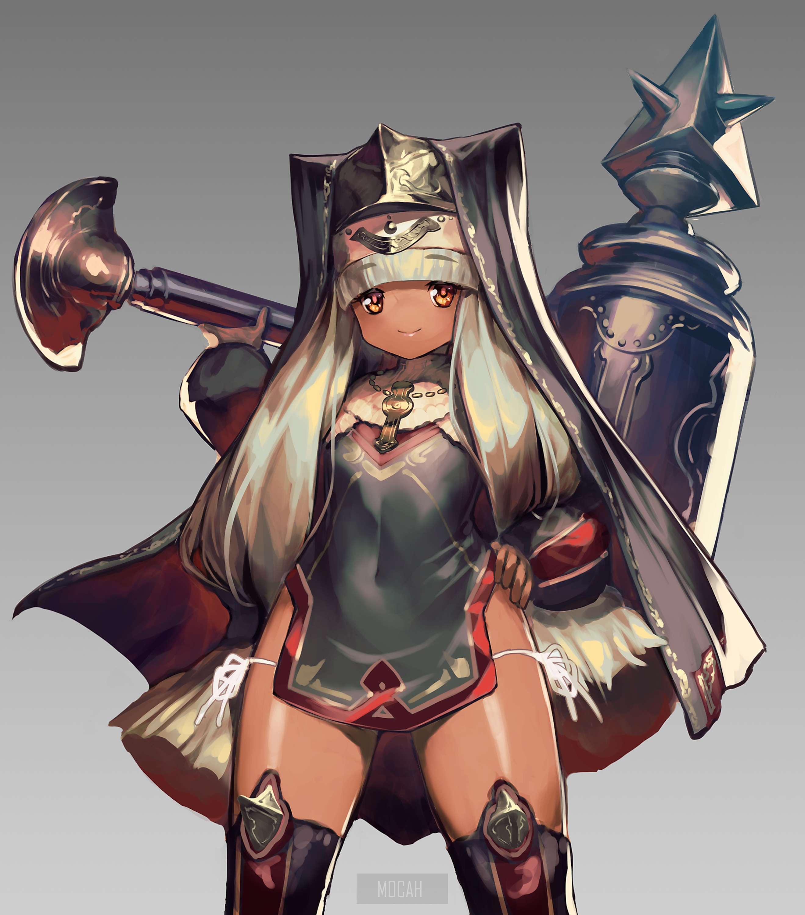 Anime girl with dark skin and nun-like attire HD Phone Wallpaper