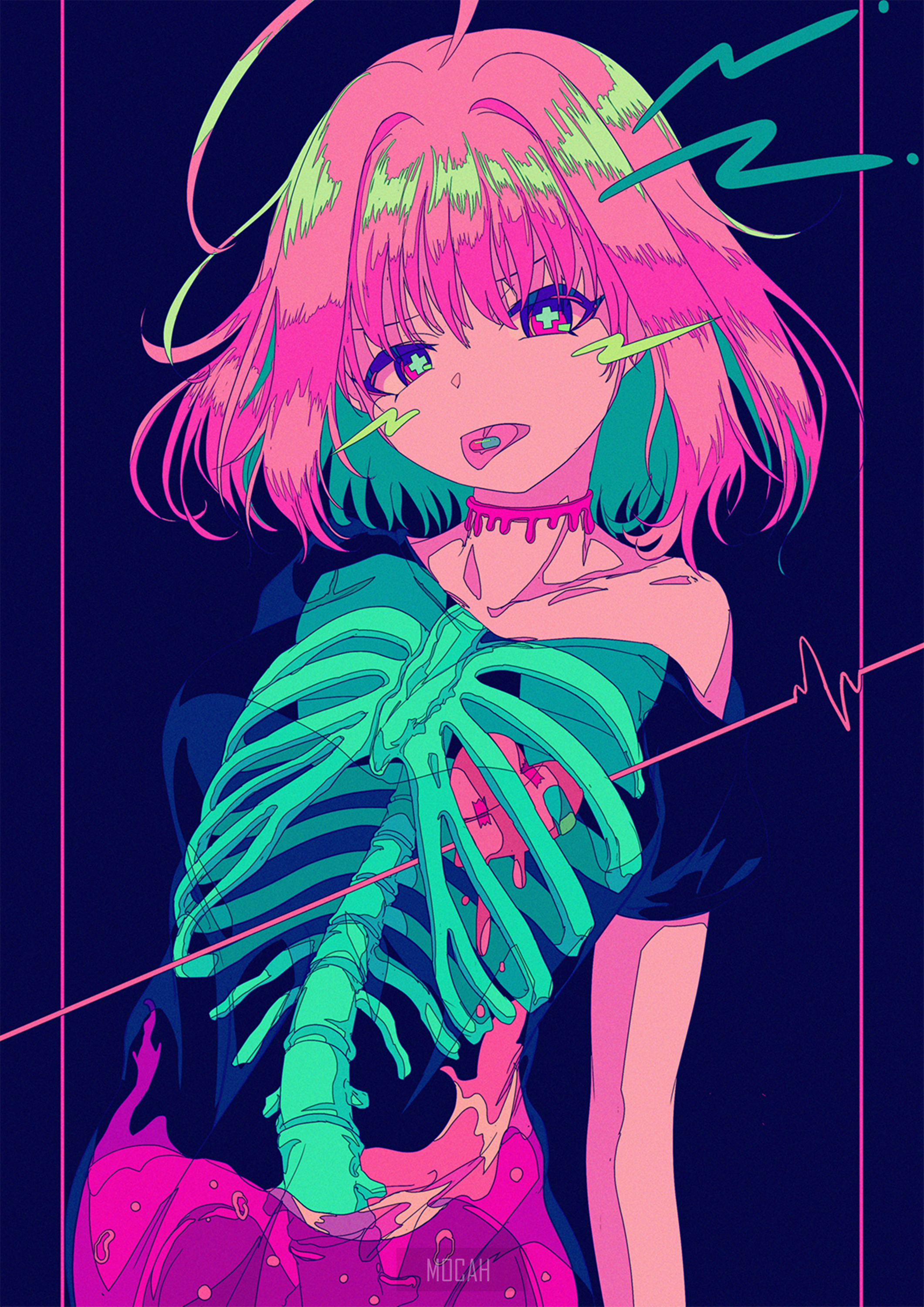 Anime girl with exposed ribcage and heart HD Phone Wallpaper