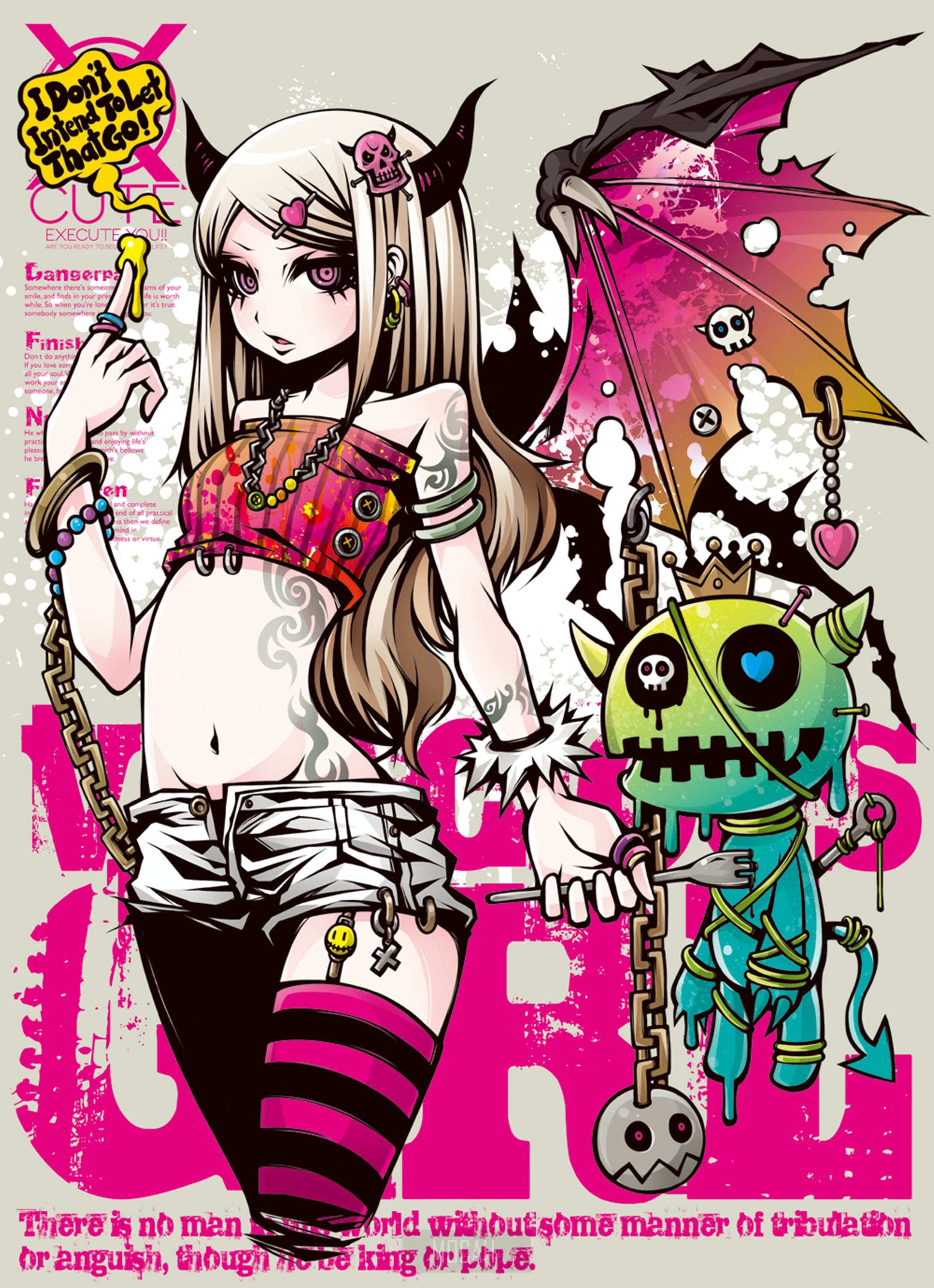 Anime girl with horns and a creature HD Phone Wallpaper