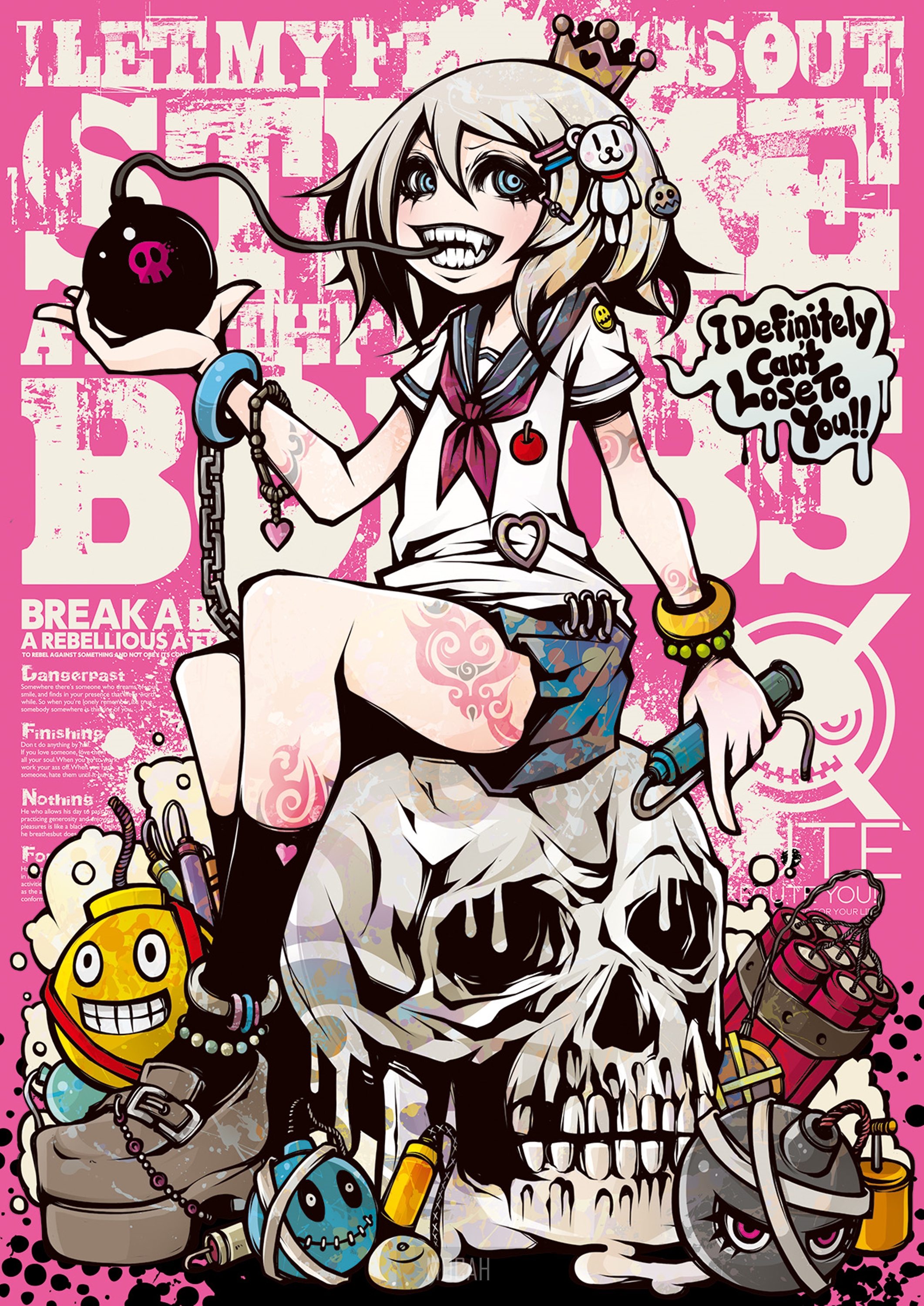Anime girl with bombs and skull HD Phone Wallpaper