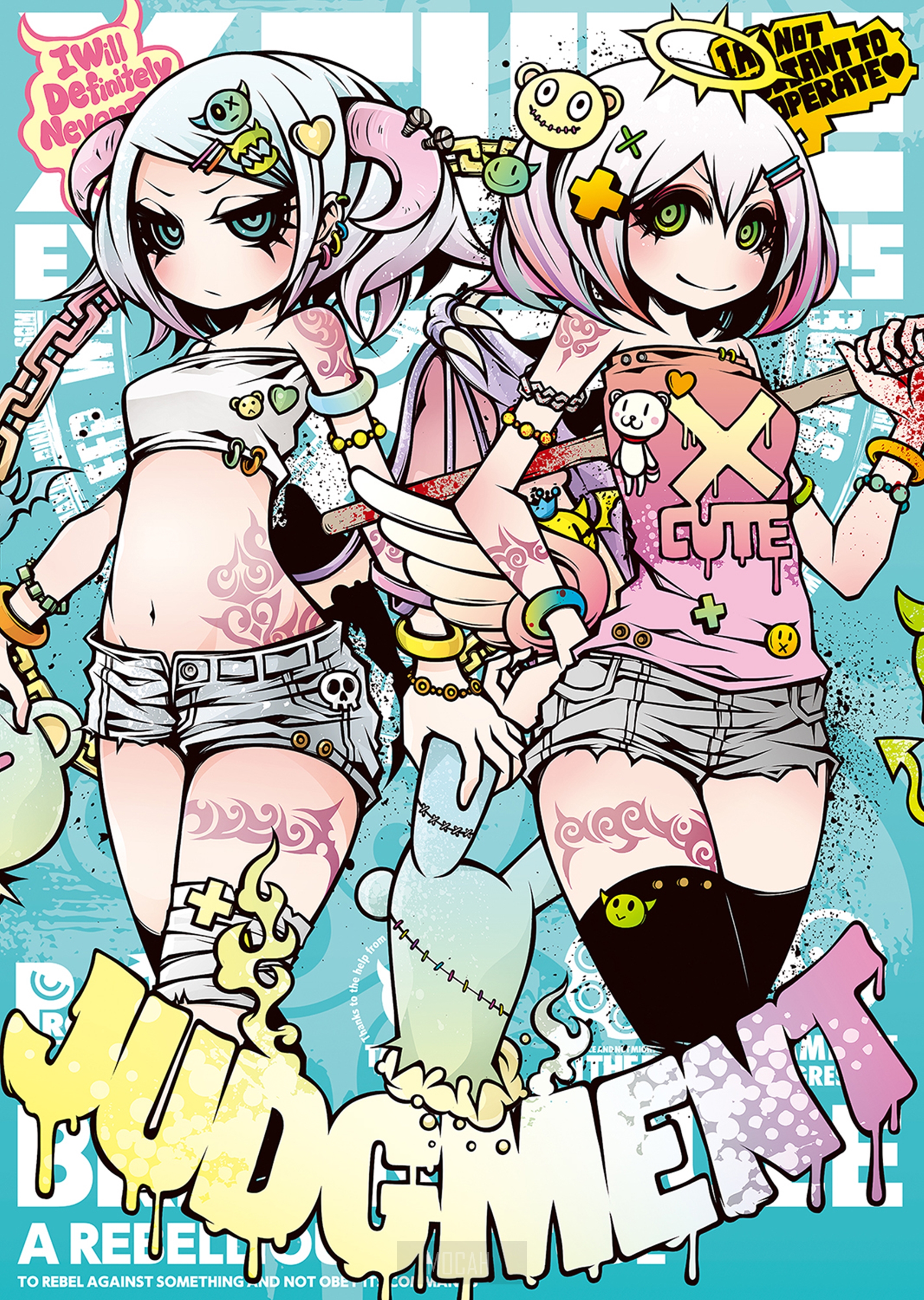 Two anime girls with horns and tattoos HD Phone Wallpaper