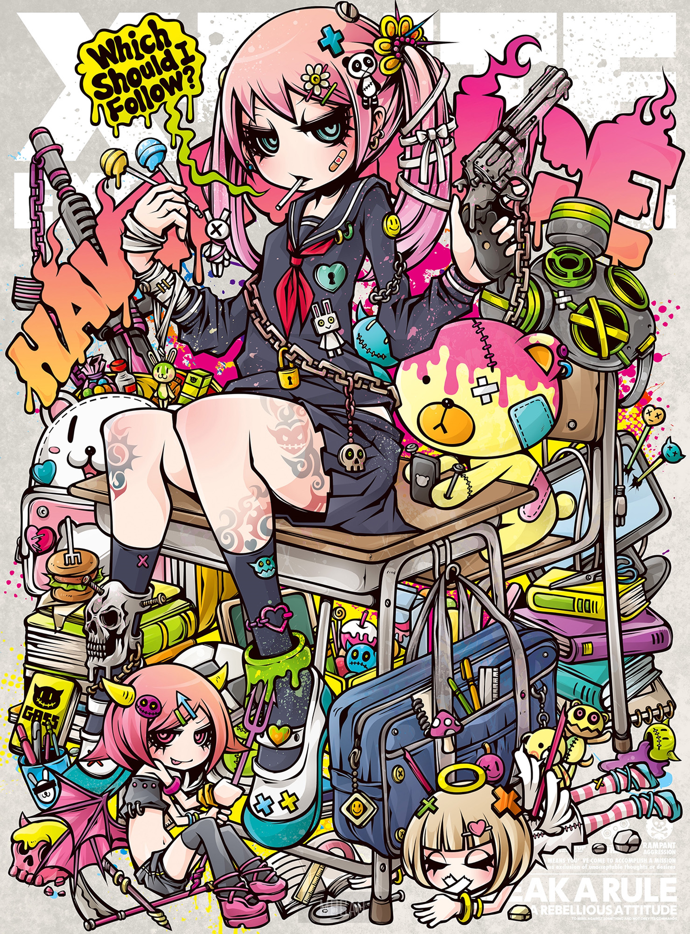Anime girl with guns and toys HD Phone Wallpaper