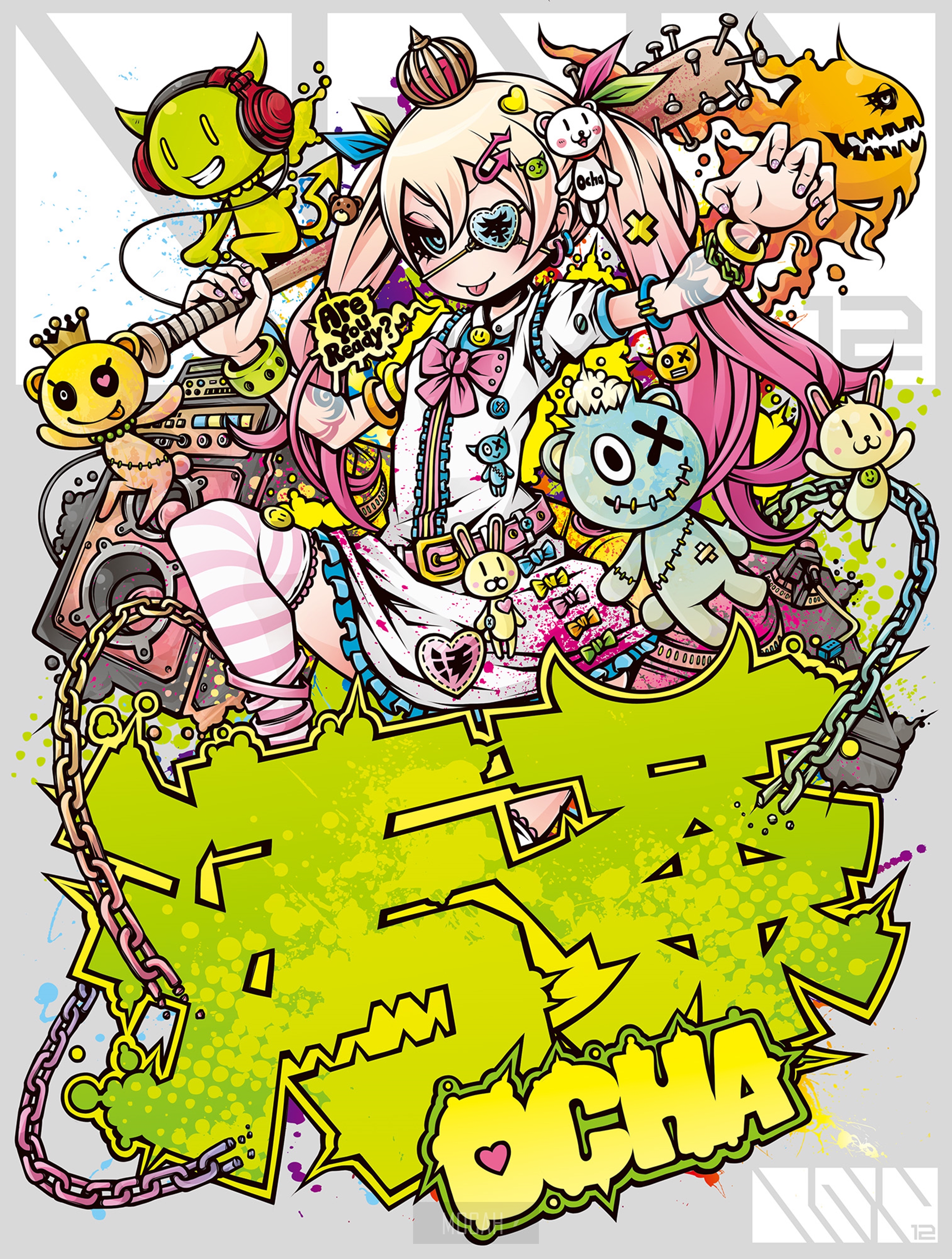 Anime girl with stuffed toys and graffiti HD Phone Wallpaper