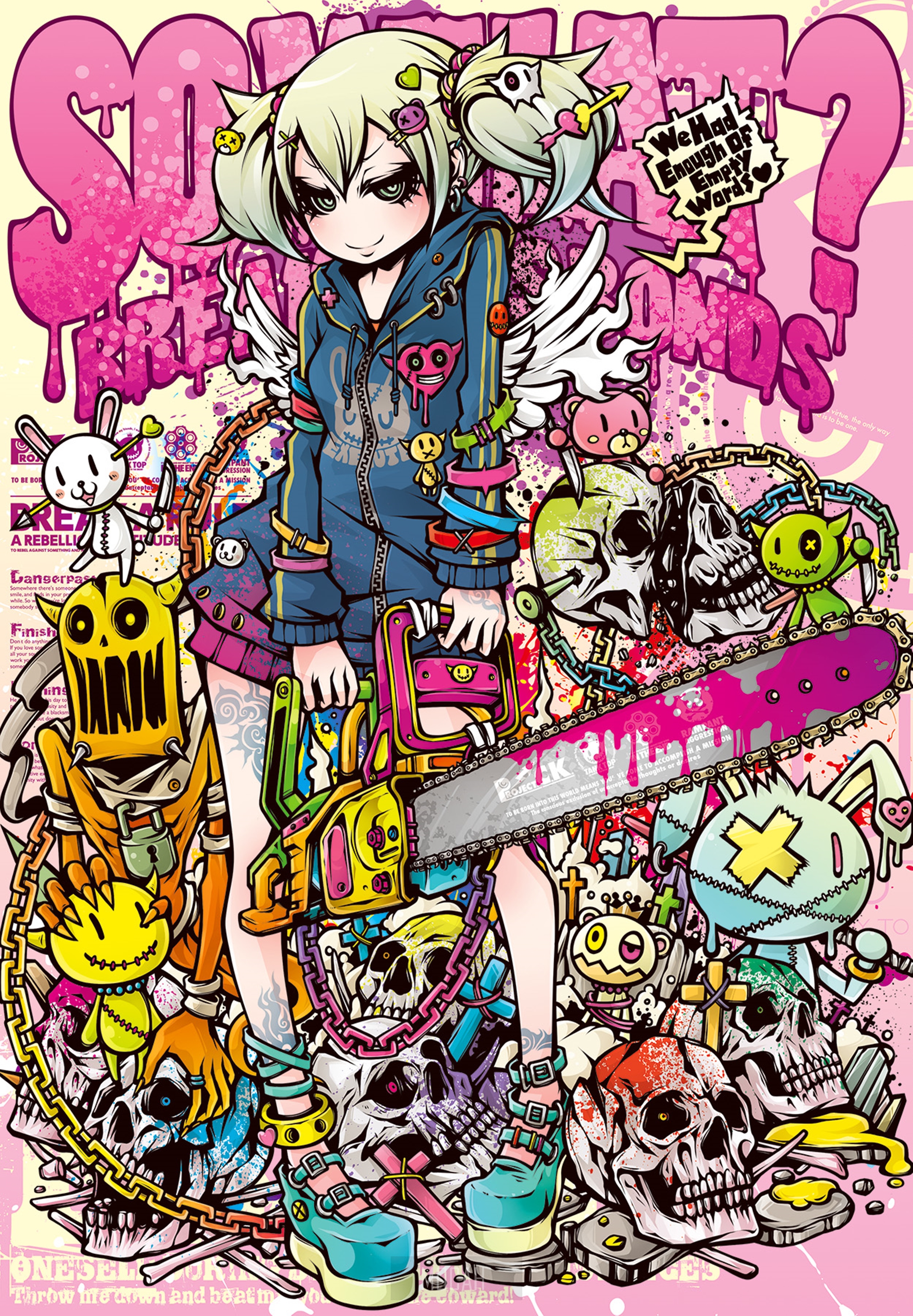 Anime girl with chainsaw and skulls HD Phone Wallpaper