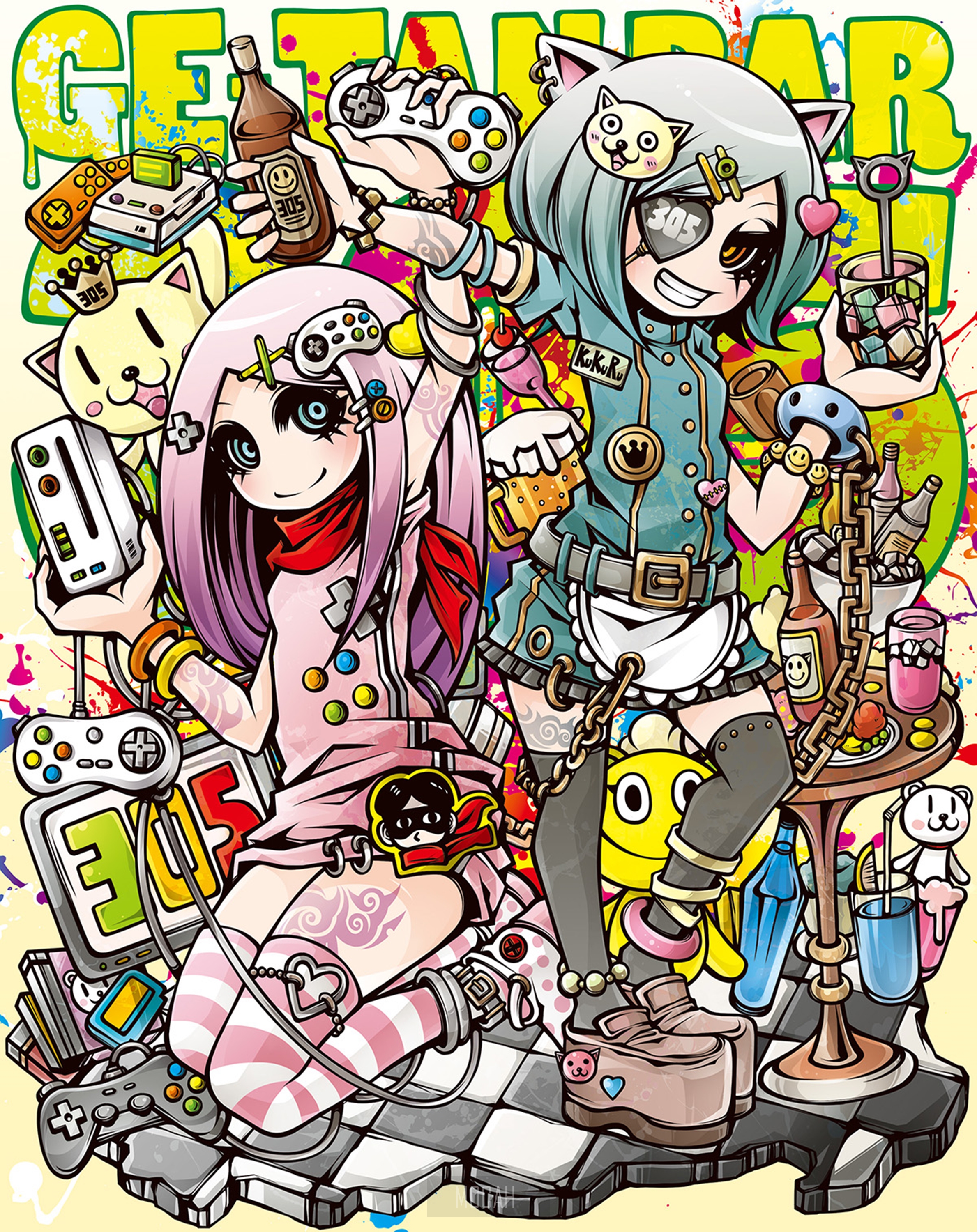 Anime girls with video game controllers and drinks HD Phone Wallpaper