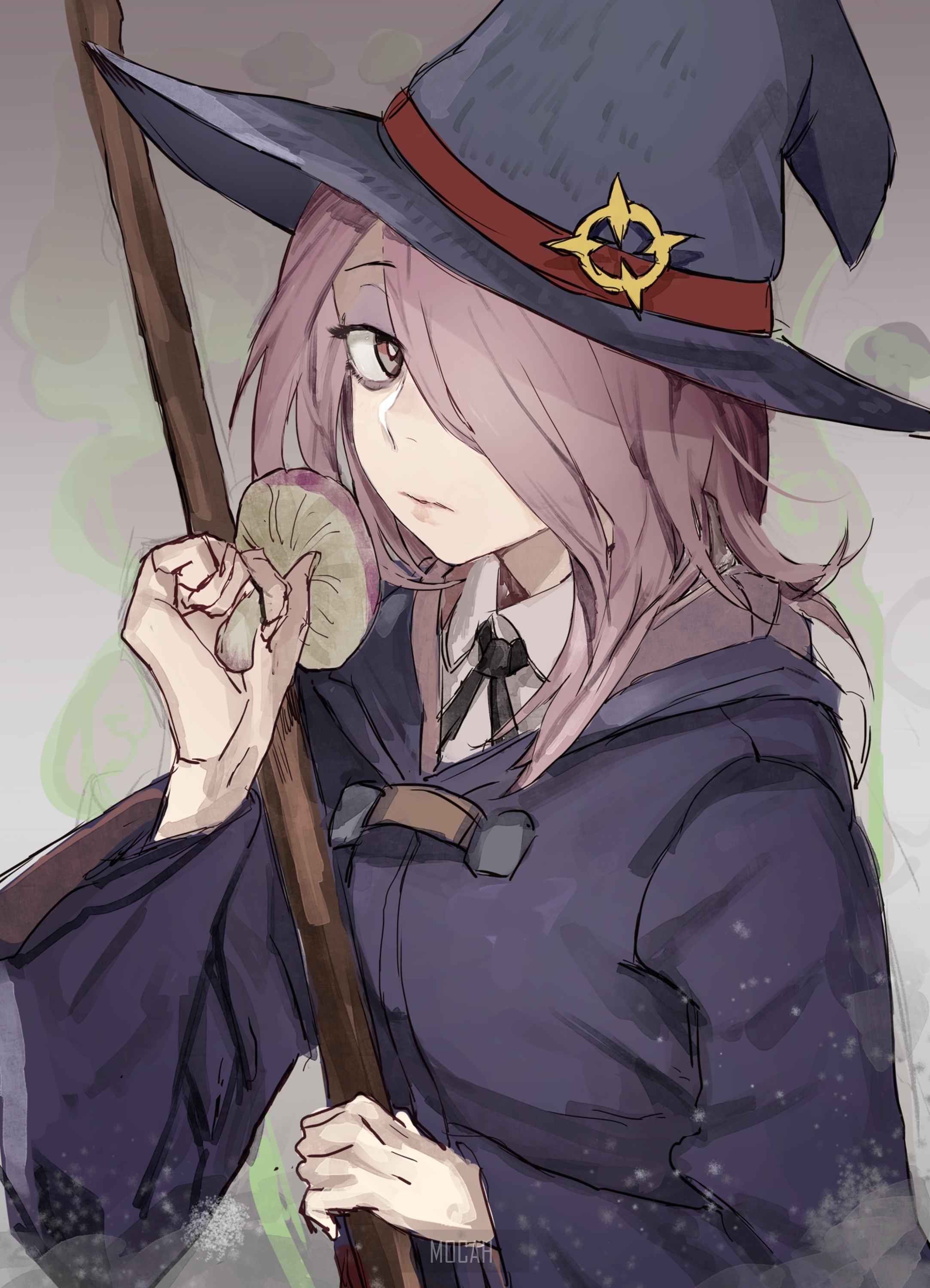 Sucy Manbavaran from Little Witch Academia holding a mushroom HD Phone Wallpaper