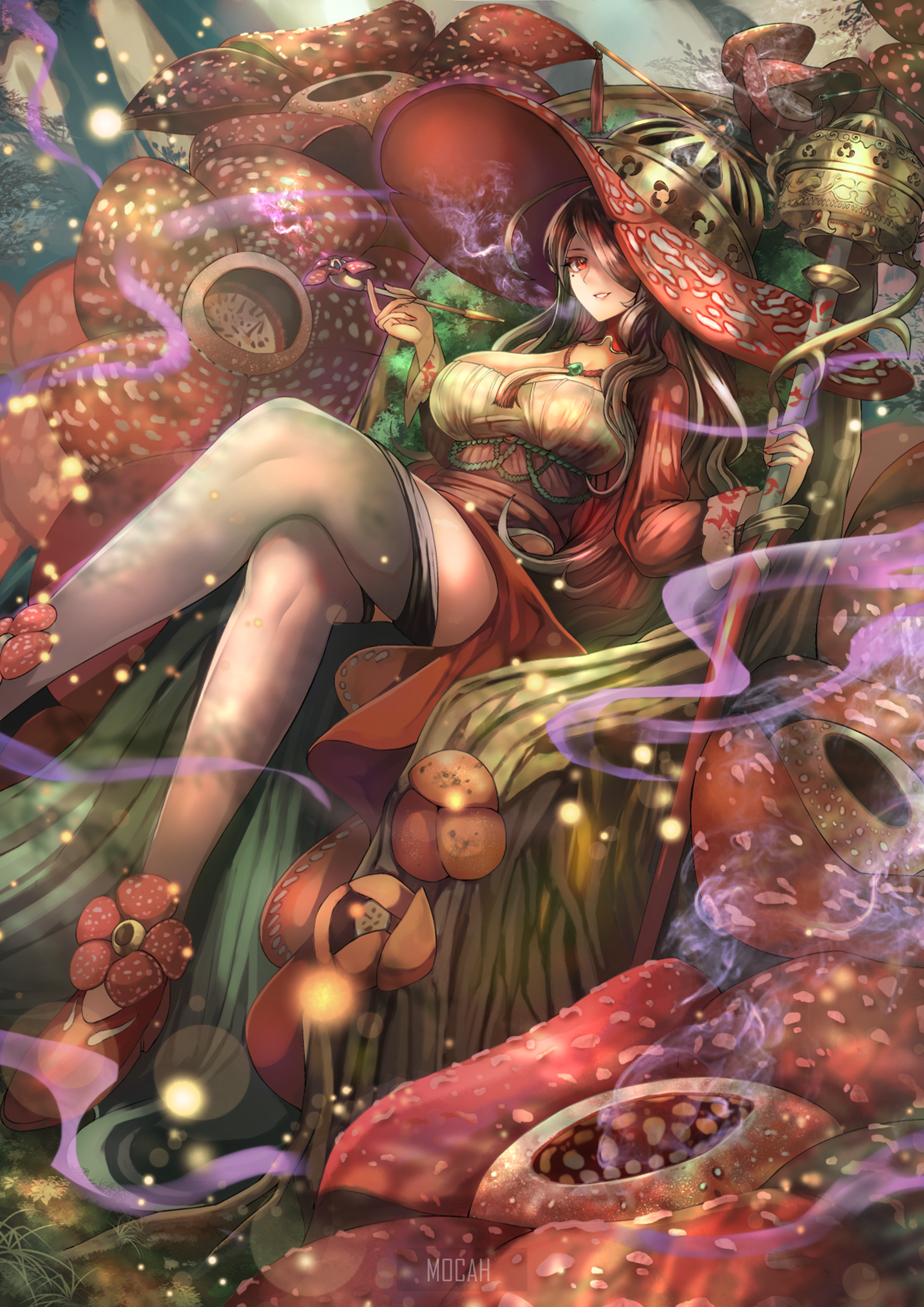 Anime girl with red eyes sitting on a throne of plants HD Phone Wallpaper