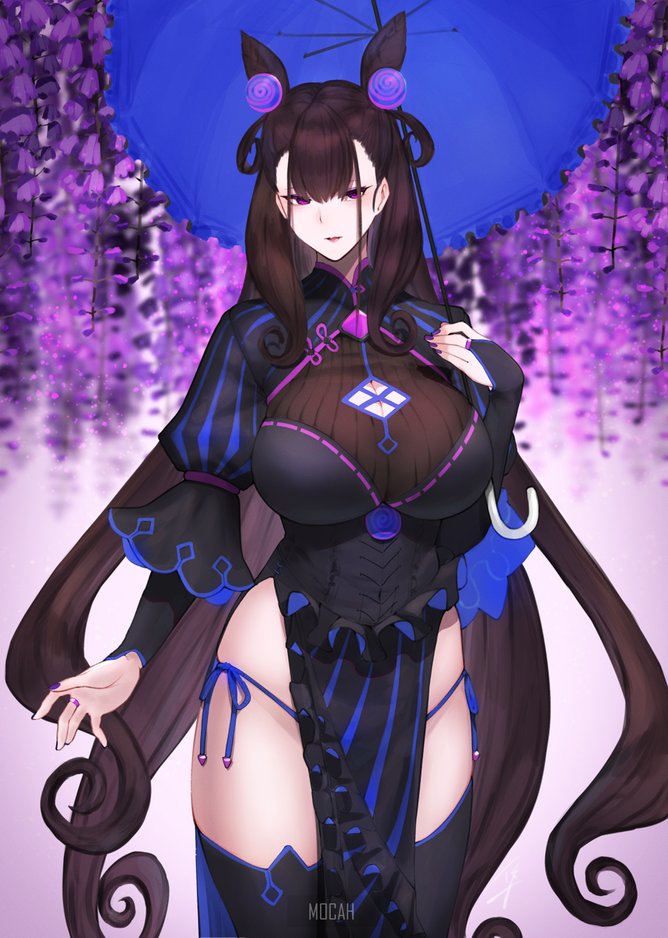 Murasaki Shikibu from Fate/Grand Order holding a blue umbrella HD Phone Wallpaper