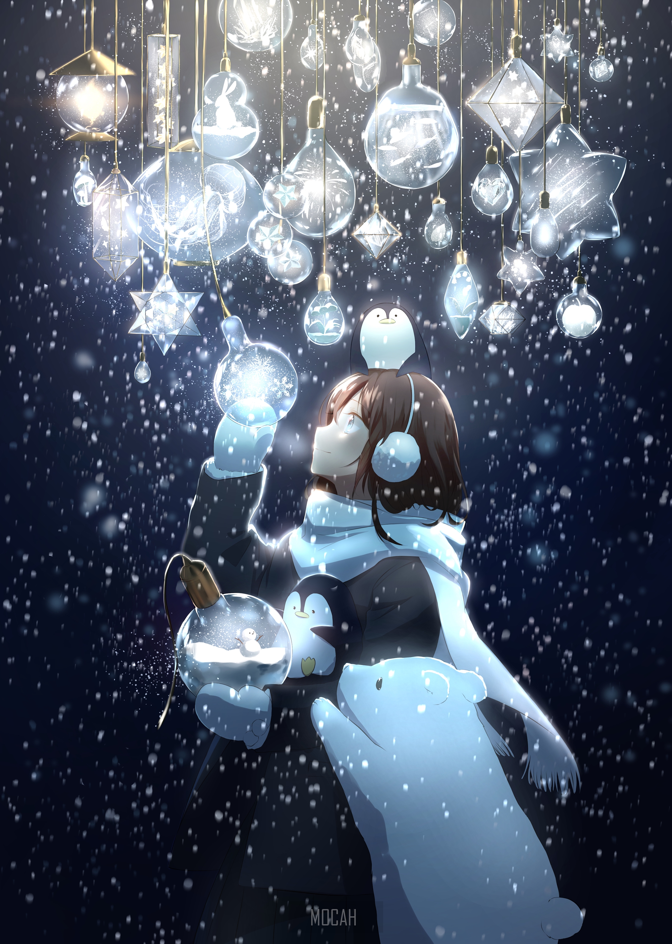 Anime girl with penguins and Christmas lights in snow HD Phone Wallpaper