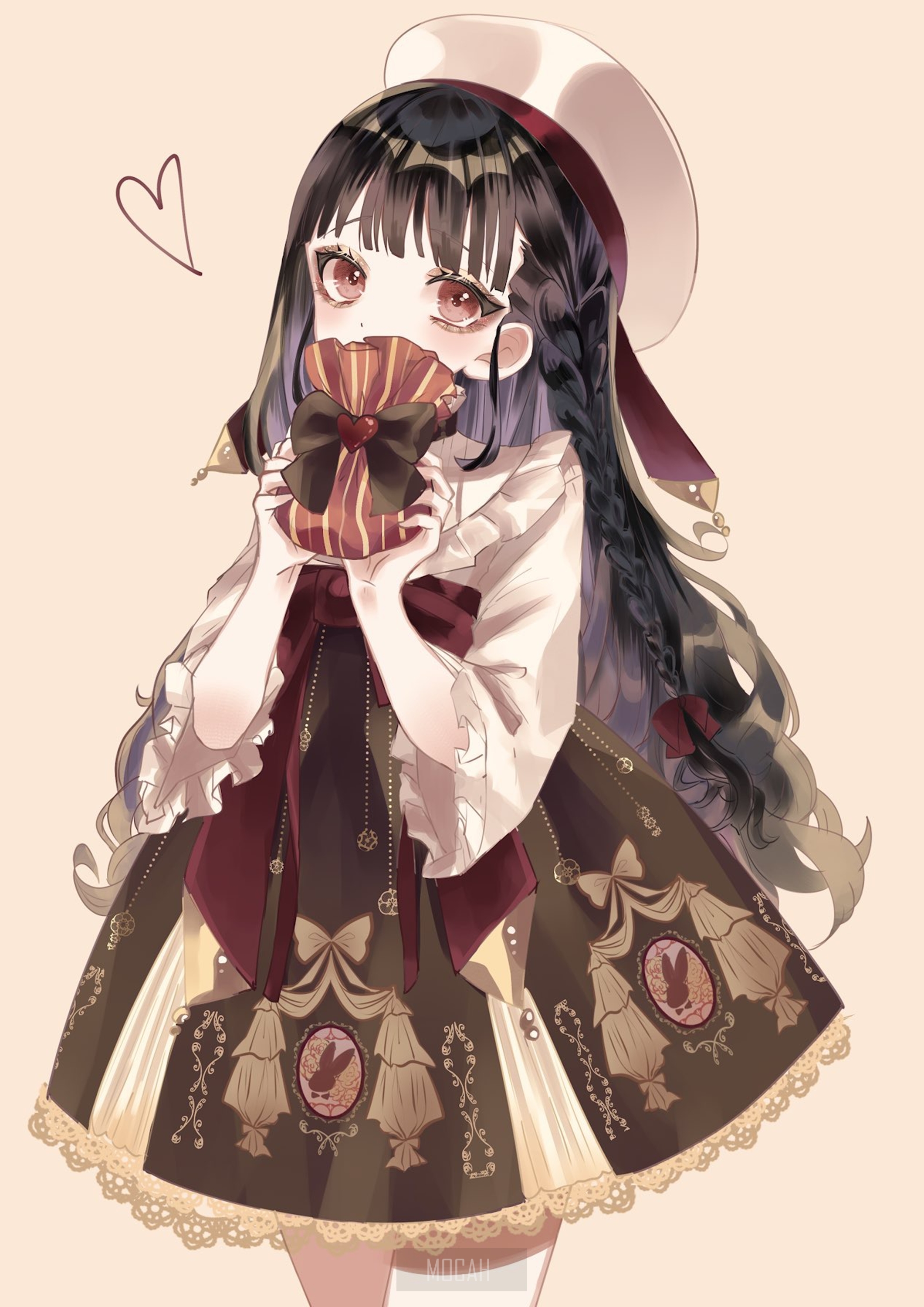 Anime girl with black hair holding a gift HD Phone Wallpaper