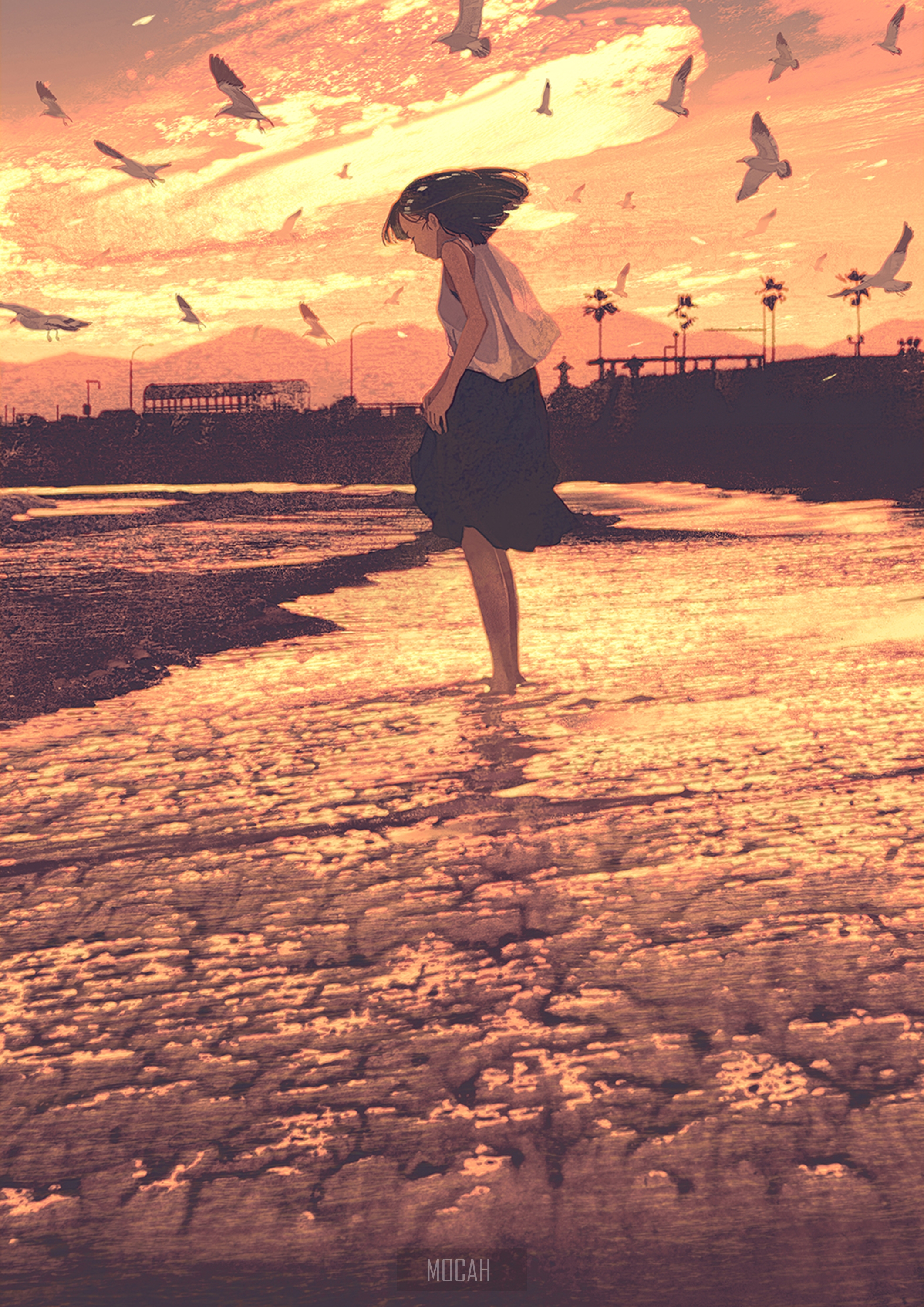 Anime girl walking on a beach with birds flying HD Phone Wallpaper