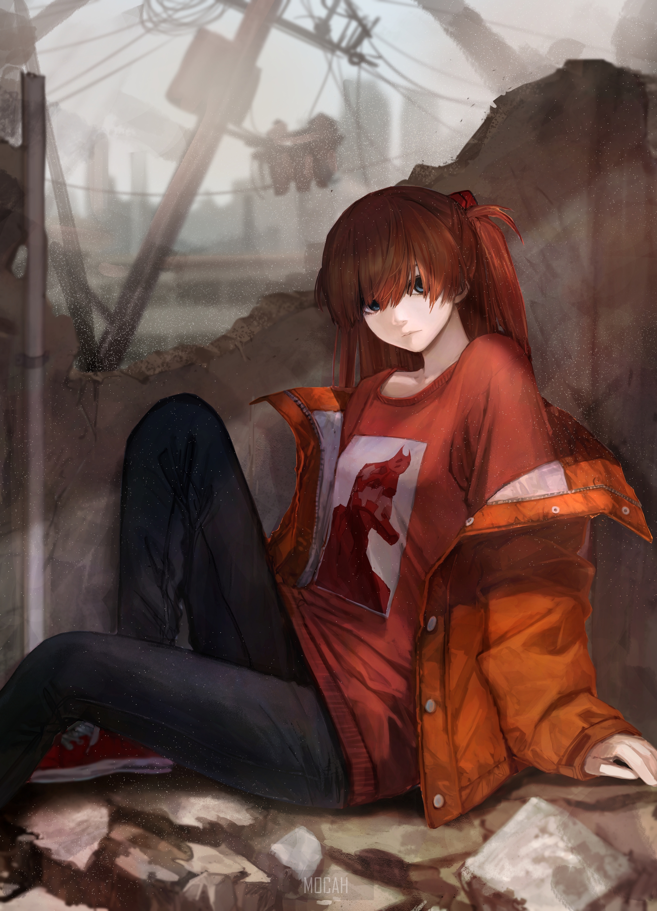 Asuka Langley Soryu from Neon Genesis Evangelion in ruins HD Phone Wallpaper