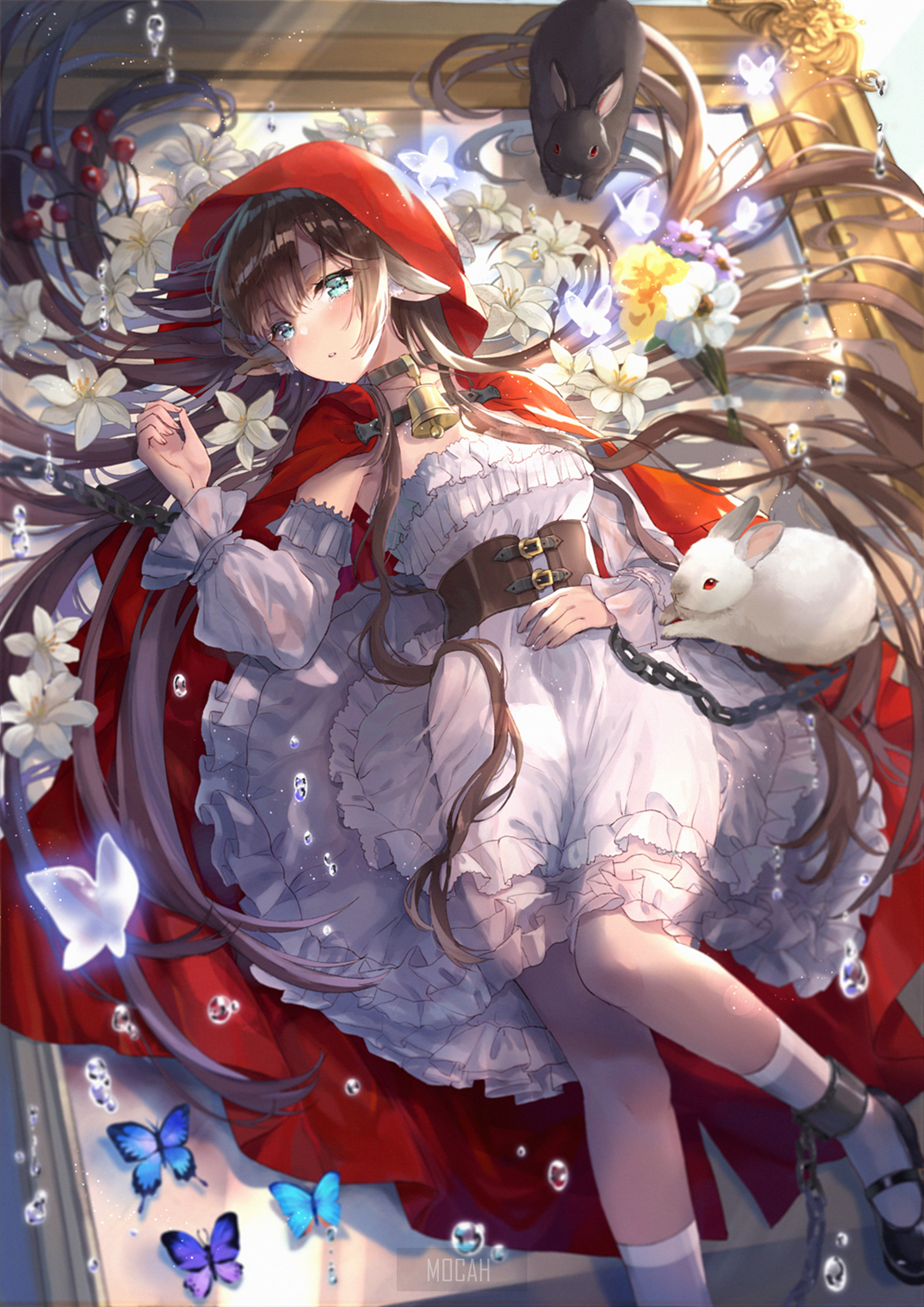 Anime girl in red hood with rabbits and butterflies HD Phone Wallpaper