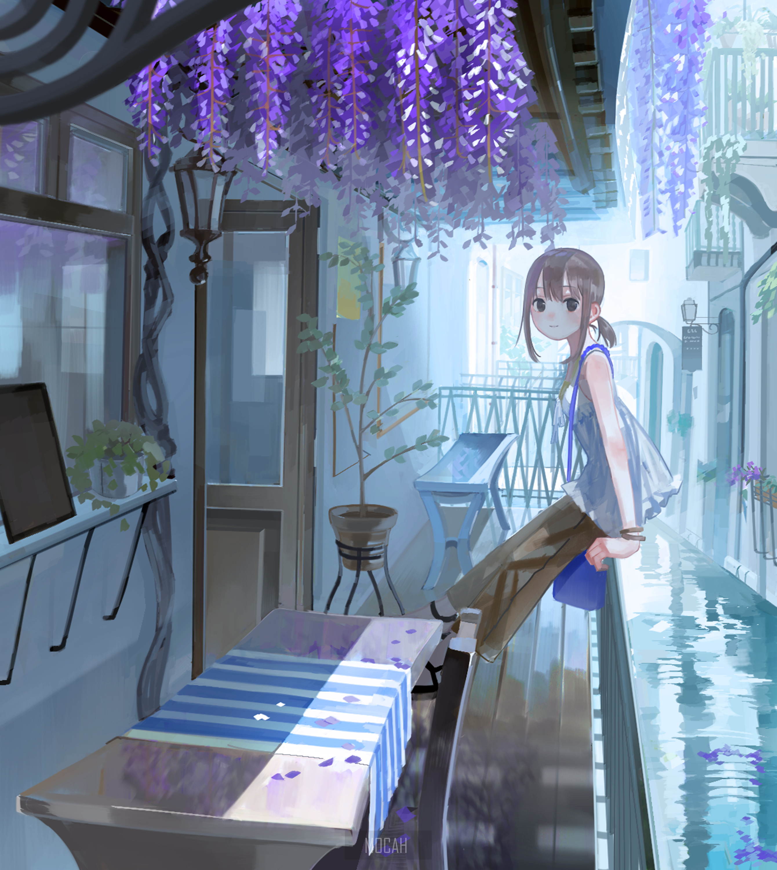 Anime girl on a balcony with wisteria HD Phone Wallpaper