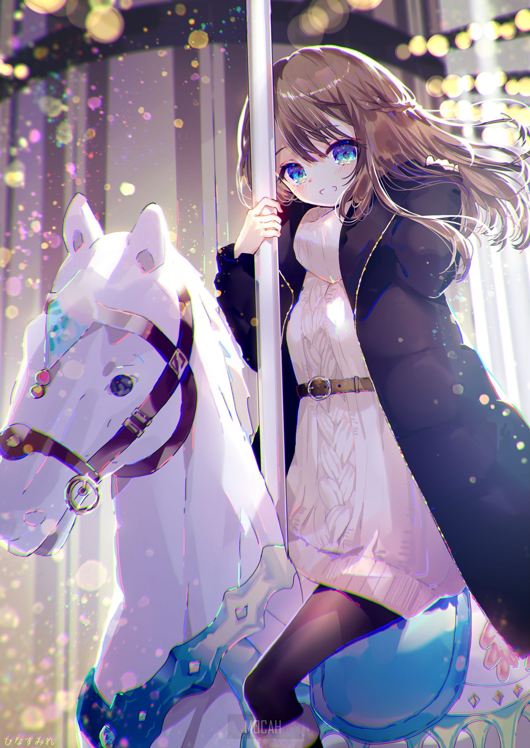 Anime girl with blue eyes on a carousel horse HD Phone Wallpaper