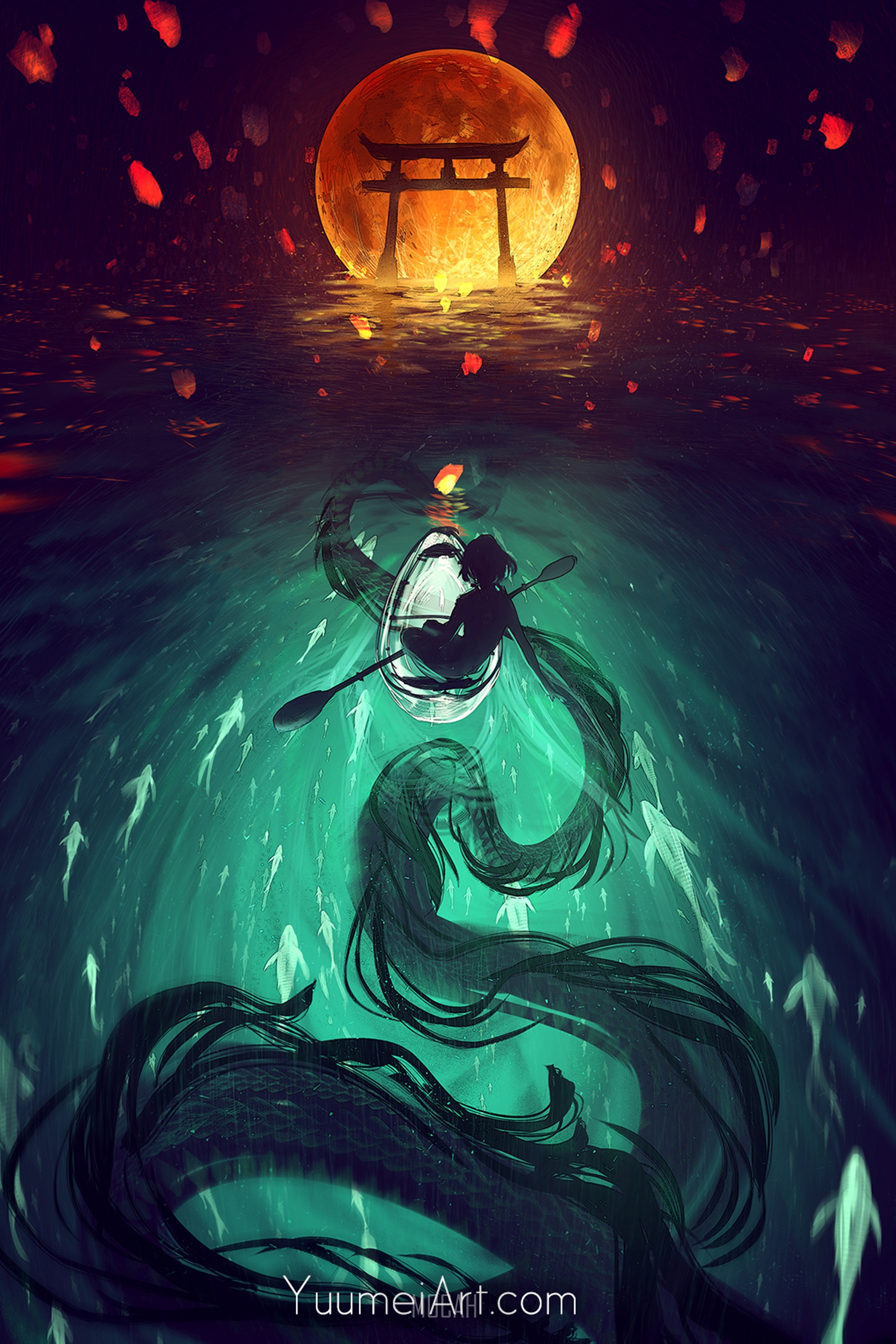 Anime girl in a boat with a sea serpent HD Phone Wallpaper