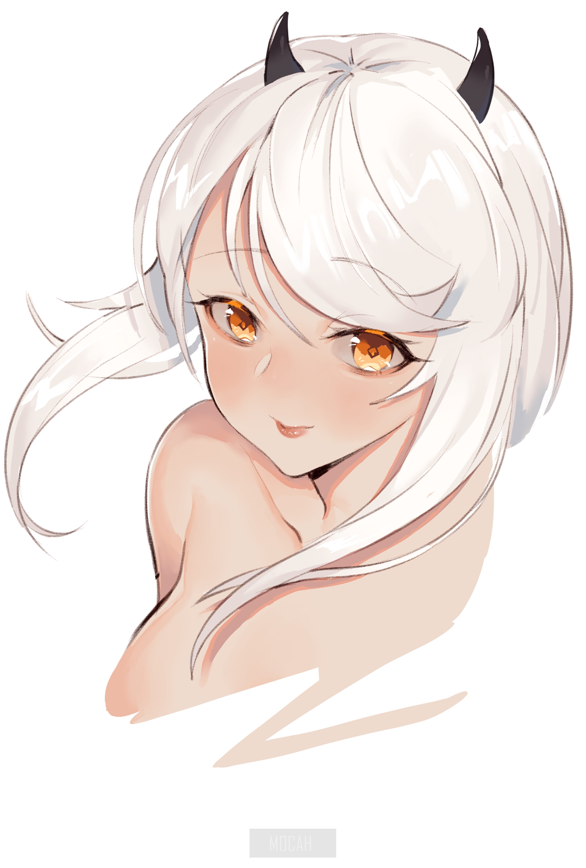 Anime girl with white hair and horns HD Phone Wallpaper