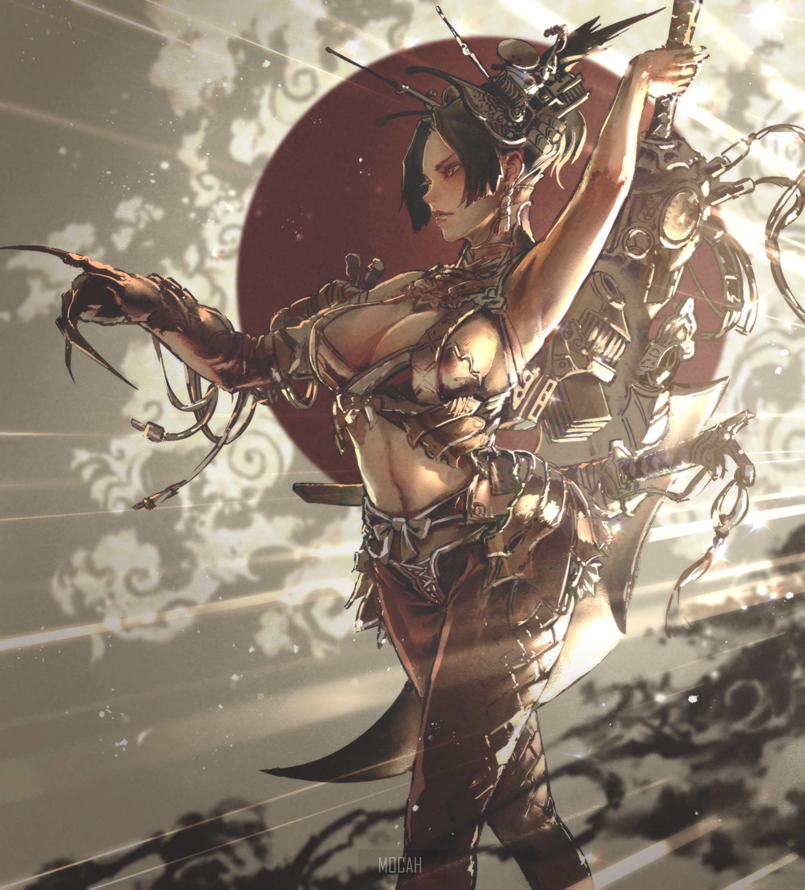 Warrior woman with sword, illustration by Kaburagi Yasutaka HD Phone Wallpaper