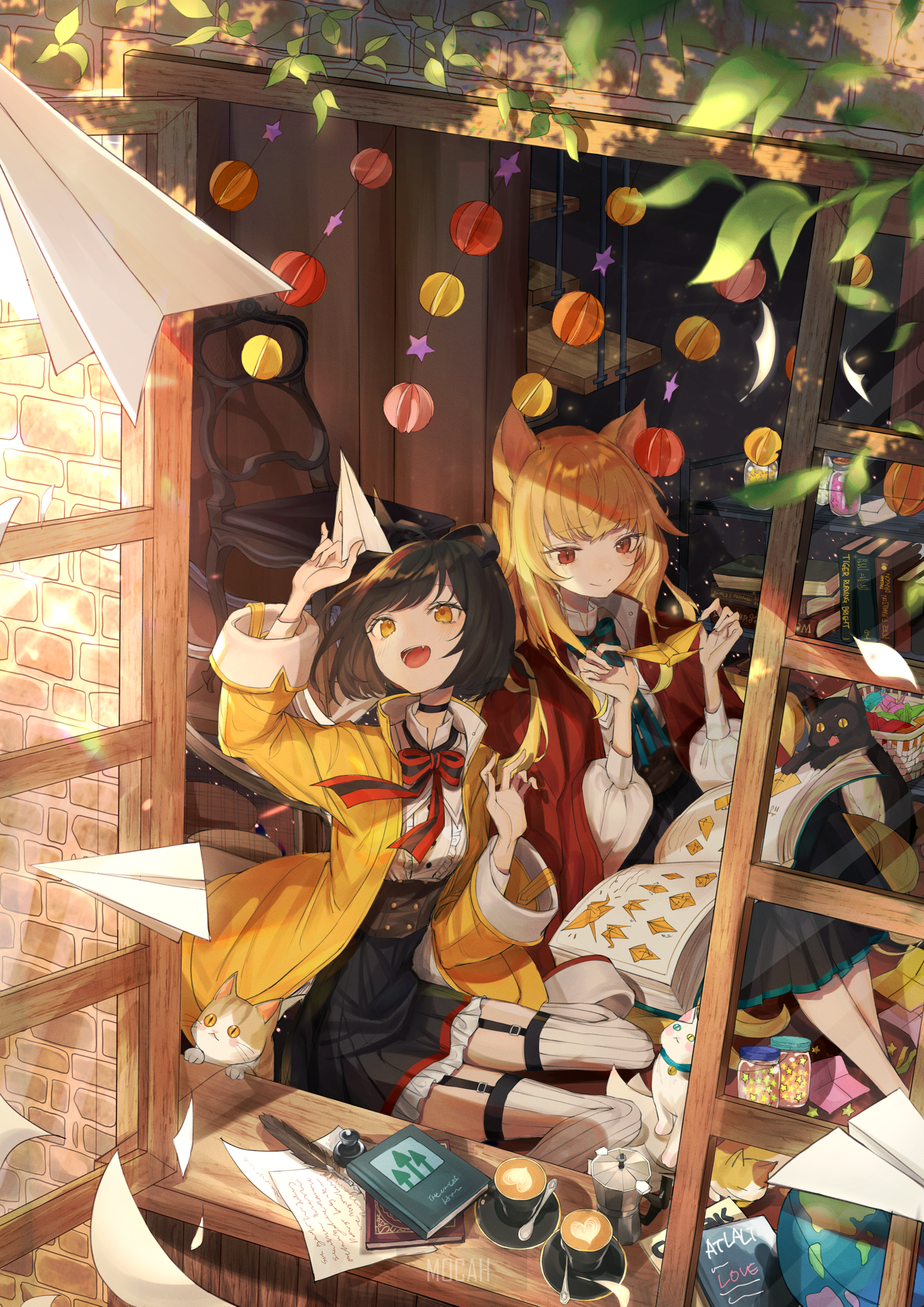 Anime girls with fox ears and paper airplanes HD Phone Wallpaper