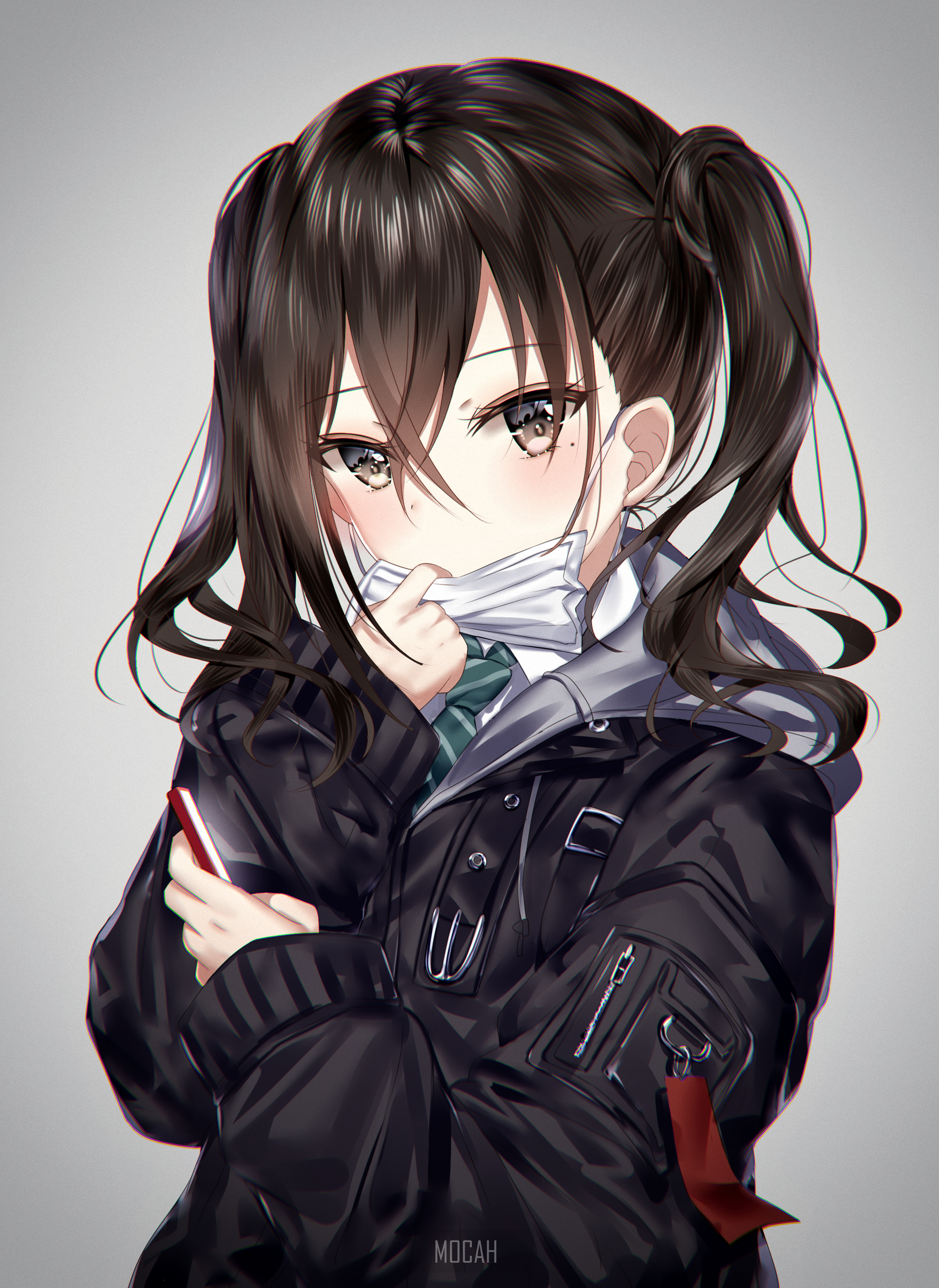 Anime girl with black hair wearing a jacket HD Phone Wallpaper