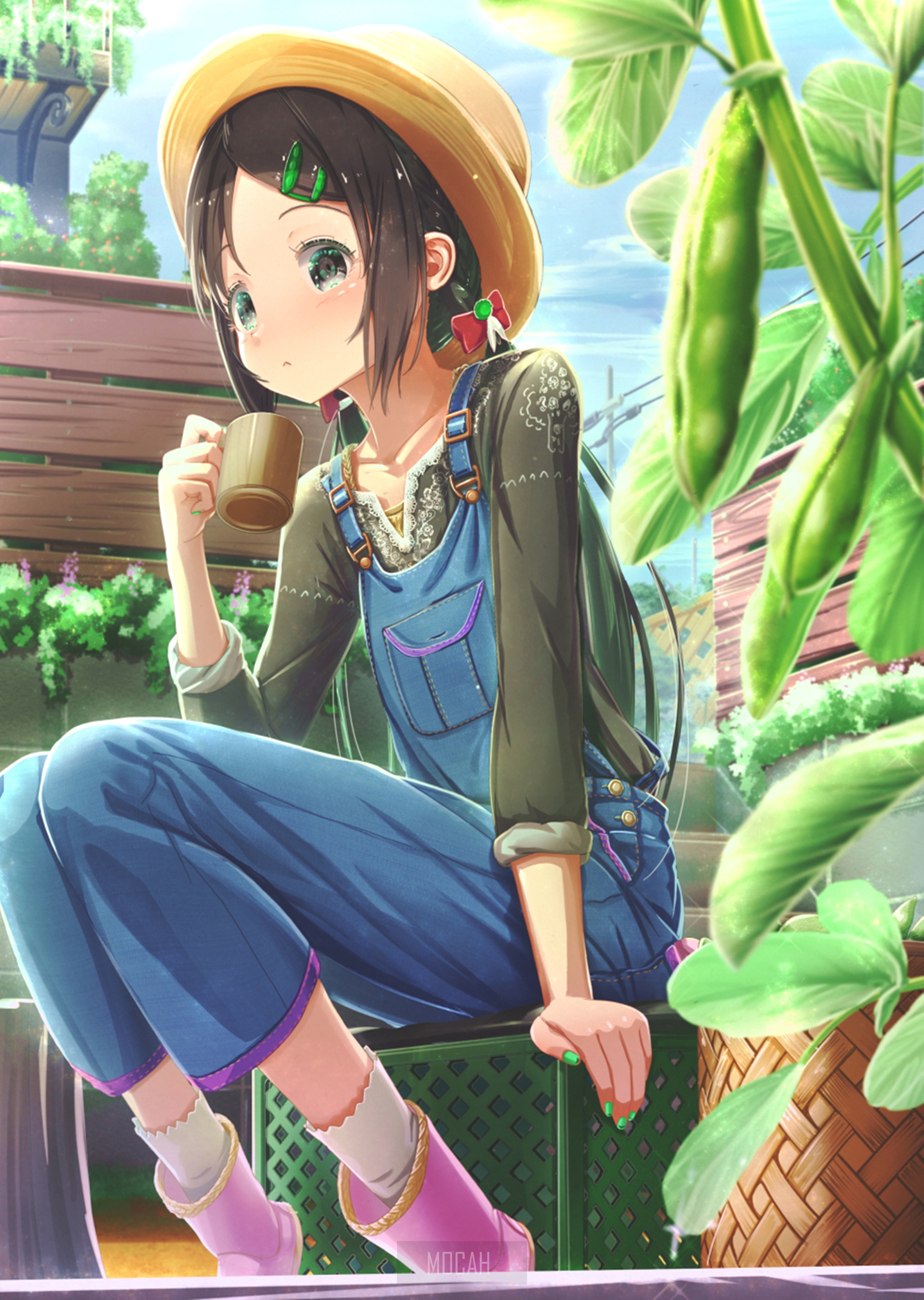 Anime girl in straw hat drinking from mug in garden HD Phone Wallpaper