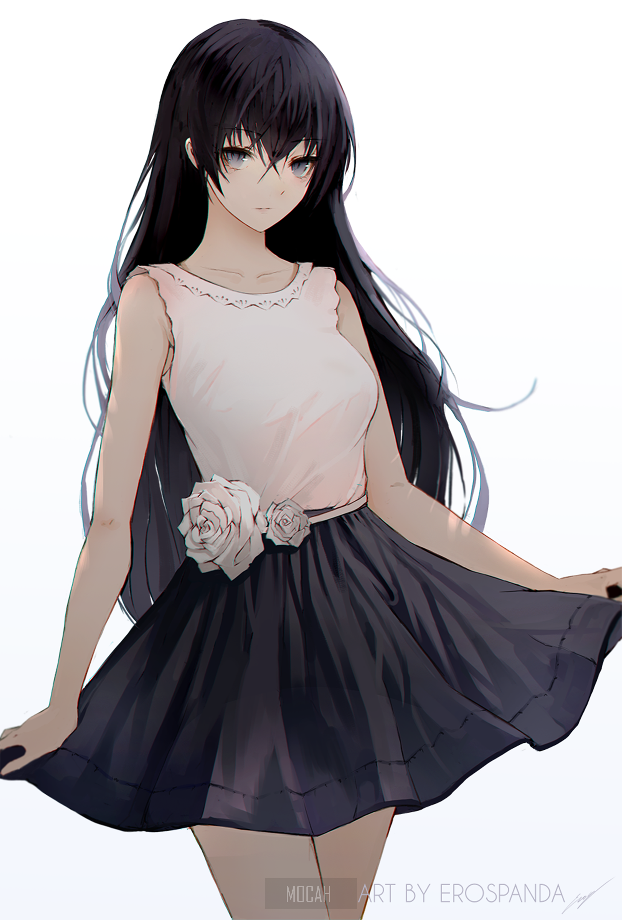 Anime girl with black hair and a dress HD Phone Wallpaper
