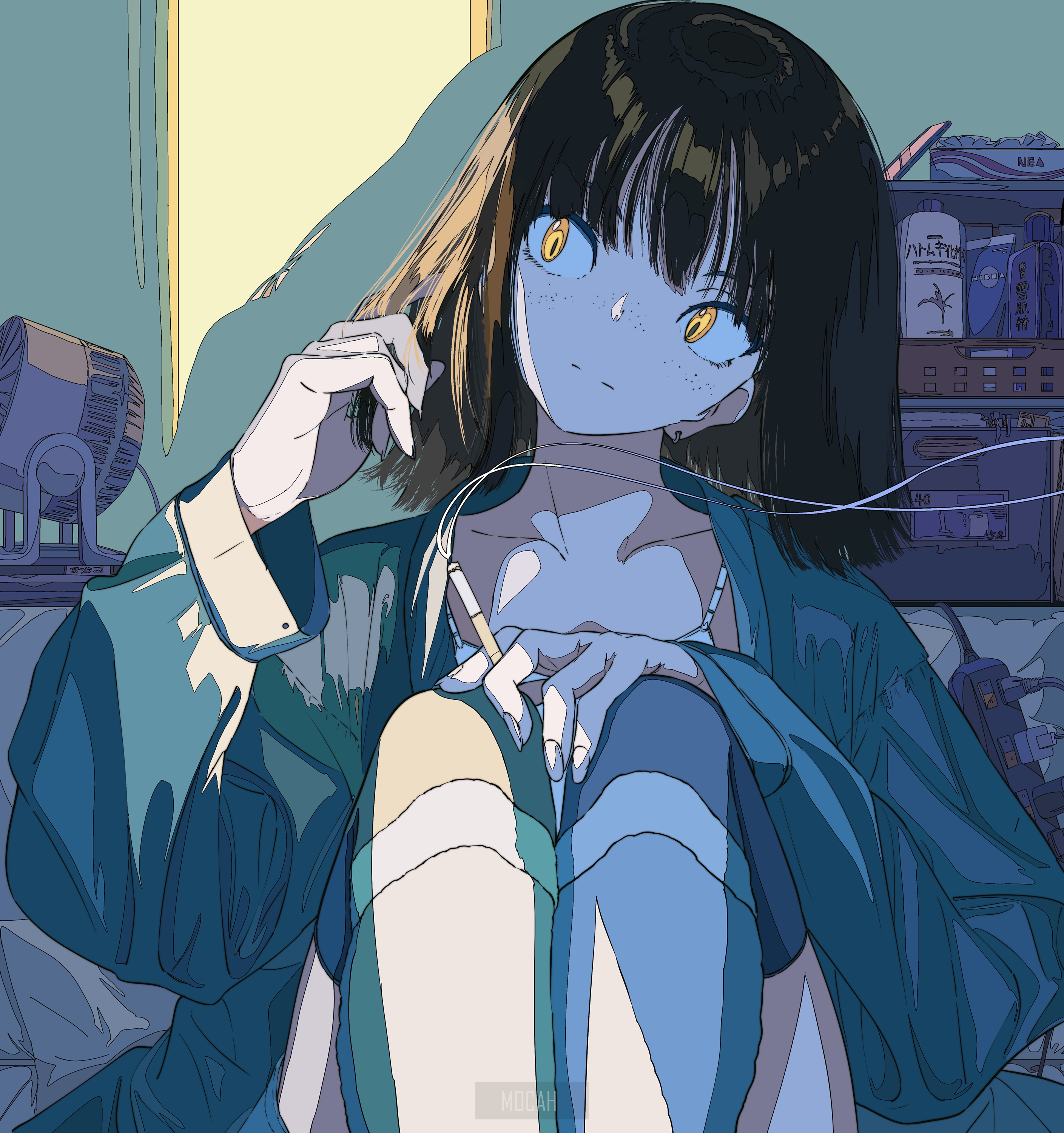 Anime girl with dark hair and yellow eyes smoking HD Phone Wallpaper