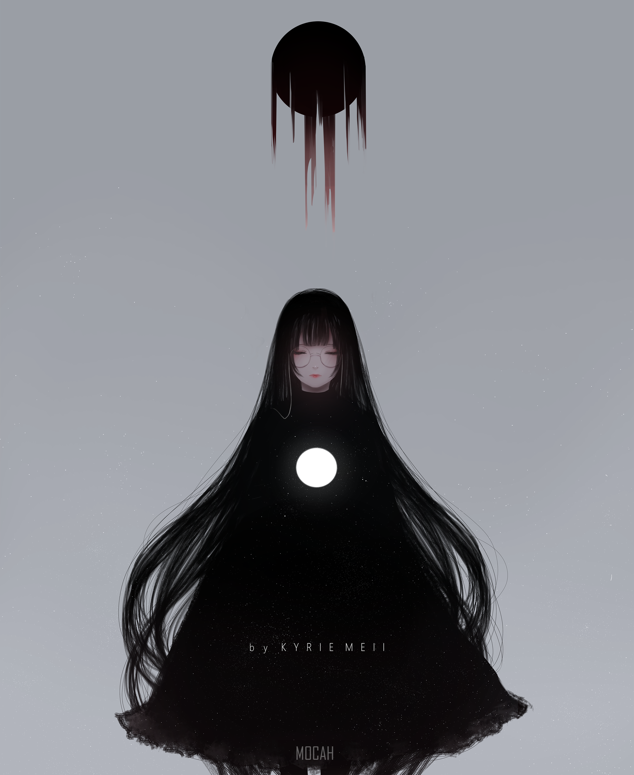 Anime girl with long black hair and a glowing orb HD Phone Wallpaper