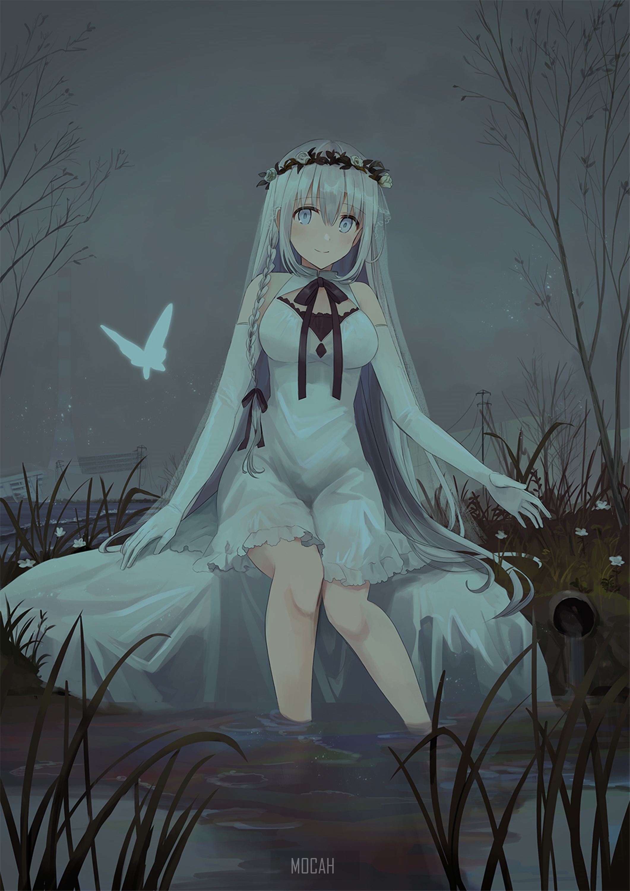 Anime girl with white hair in a white dress HD Phone Wallpaper