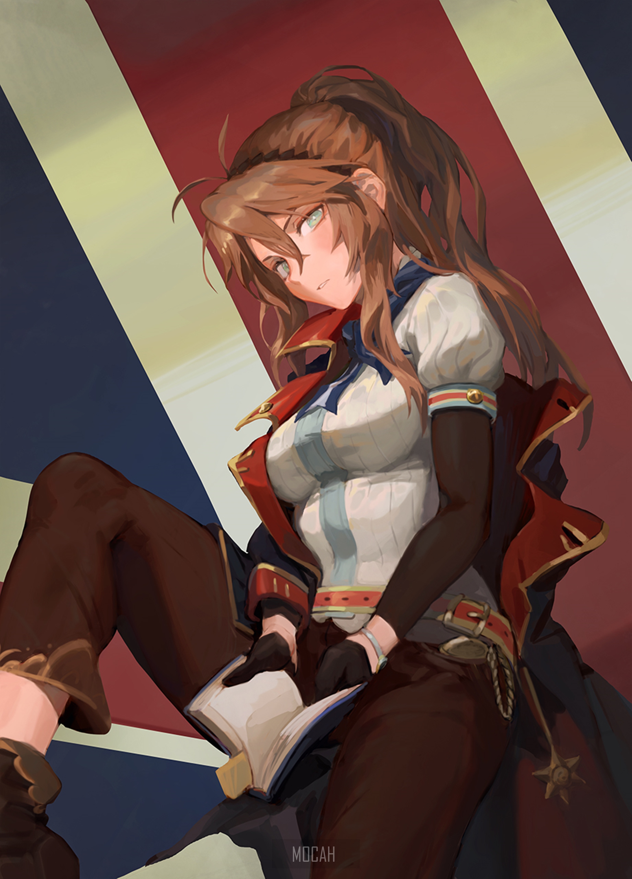 Anime girl in military uniform reading a book HD Phone Wallpaper